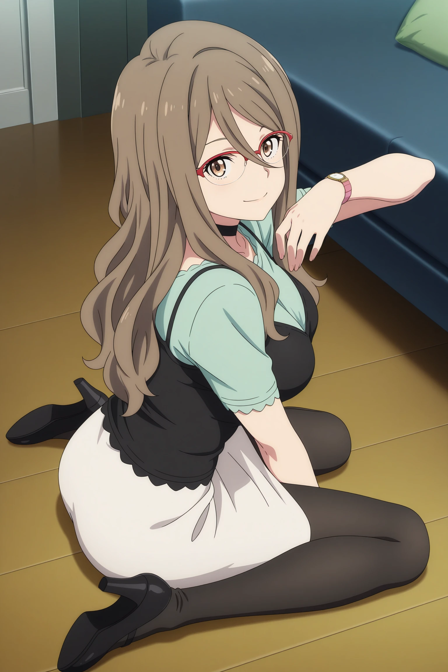 masterpiece, best quality, amazing quality, highres, absurdres, very aesthetic, high resolution, ultra detailed, perfect details, 1girl, solo, indoors, living room, medium breasts,nakahara mizuki, brown hair, long hair, hair between eyes, sidelocks, red-framed eyewear, over-rim eyewear, brown eyes, choker, green shirt, short sleeves, black camisole, wristwatch, grey skirt, pencil skirt, black pantyhose, black footwear, high heels, <lora:Mizuki_Nakahara_ILXL:0.8>, looking at viewer, (full body:1.6), smile, (pose:1.5), anime screencap, anime coloring, wariza, from above, from side