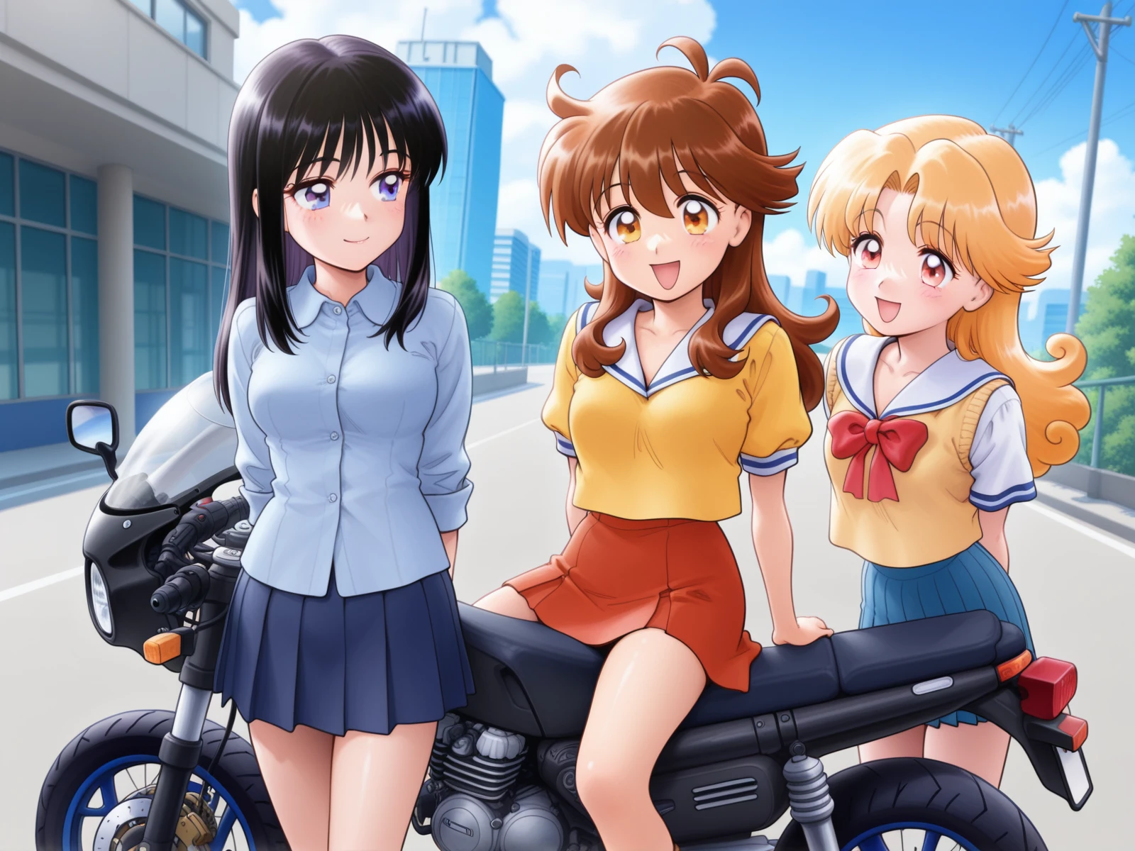 very awa, masterpiece, best quality, newest, highres, absurdres, cute face, shiny hair, ultra detailed eyes, (cowboy shot:1.2), kazuka tokio, (3girls), a girl mizuki mai sitting on motorcycle, other girl kazane mai sitting on small scooter motocompo, (other girl standing:0.5), datch angle, outdoors, cluttered and beautiful detailed background,<lora:kazuka_tokio_bikids_kazagake_shohjogumi_illustriousXL_20241209:0.8>