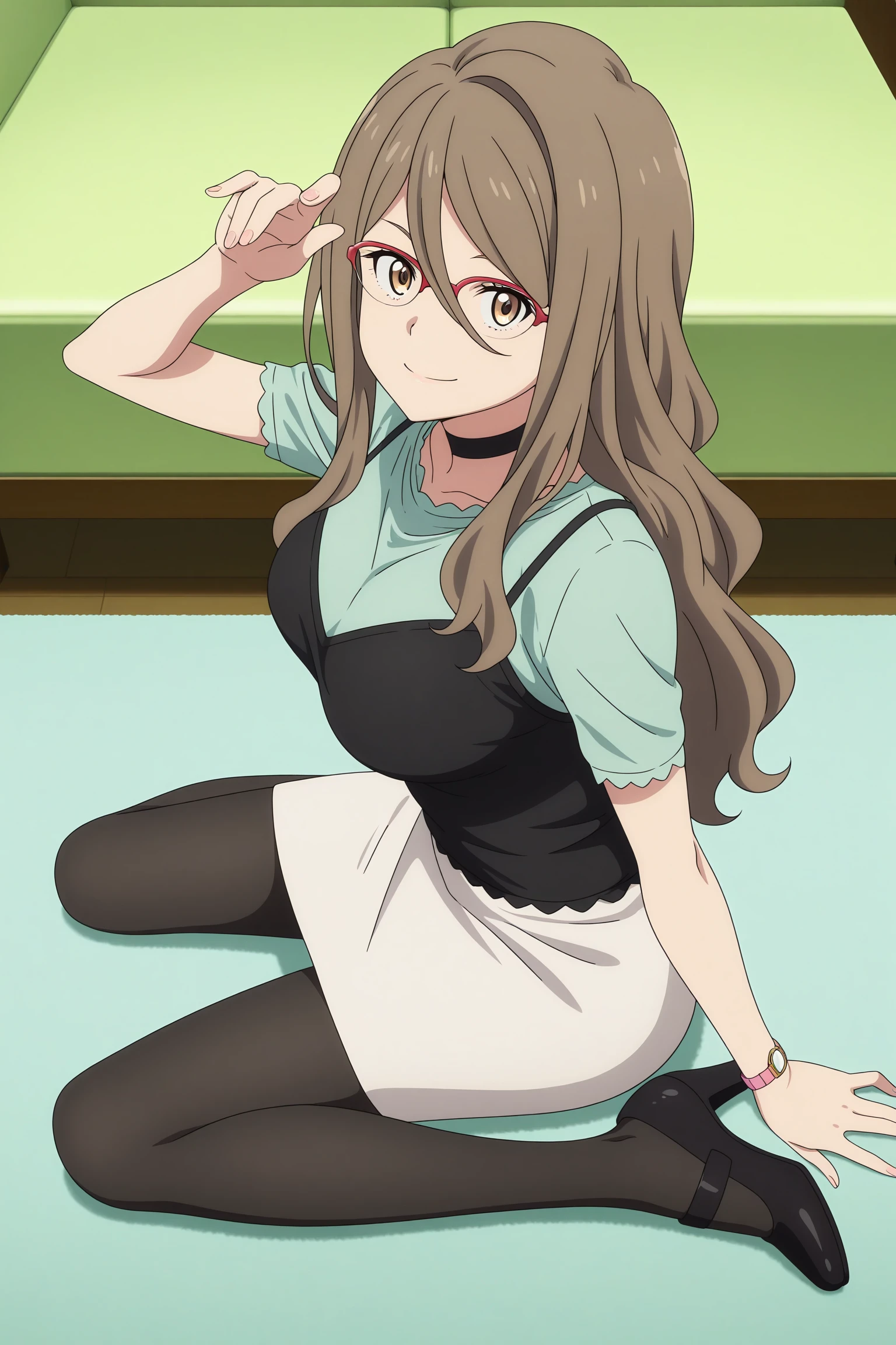 masterpiece, best quality, amazing quality, highres, absurdres, very aesthetic, high resolution, ultra detailed, perfect details, 1girl, solo, indoors, living room, medium breasts,nakahara mizuki, brown hair, long hair, hair between eyes, sidelocks, red-framed eyewear, over-rim eyewear, brown eyes, choker, green shirt, short sleeves, black camisole, wristwatch, grey skirt, pencil skirt, black pantyhose, black footwear, high heels, <lora:Mizuki_Nakahara_ILXL:0.8>, looking at viewer, (full body:1.6), smile, (pose:1.5), anime screencap, anime coloring, wariza, from above, from side