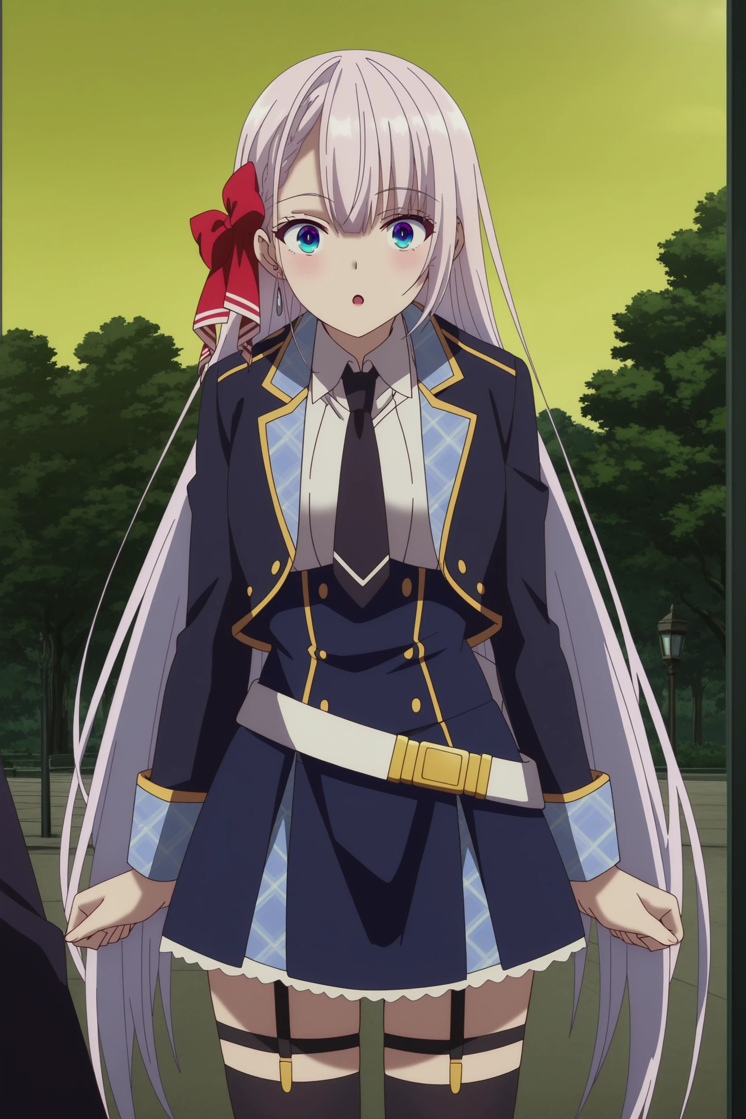 official anime artwork, screencap, anime screencap, masterpiece, detailed face,
outside, at a park,
 <lora:Riselia_Ray_Crystalia_The_Demon_Sword_Master_of_Excalibur_Academy_-_Illustrious_r1:1>,  >Riselia Ray Crystalia, 1girl, solo, long hair, white hair, blue eyes, hair bow, Riselia uniform outfit, jewelry, white belt, bow, red bow, black jacket, white shirt, blue pleated miniskirt, black necktie, black thighhighs, garter straps, :O, expressive eyes,
cowboy shot, looking at the viewer