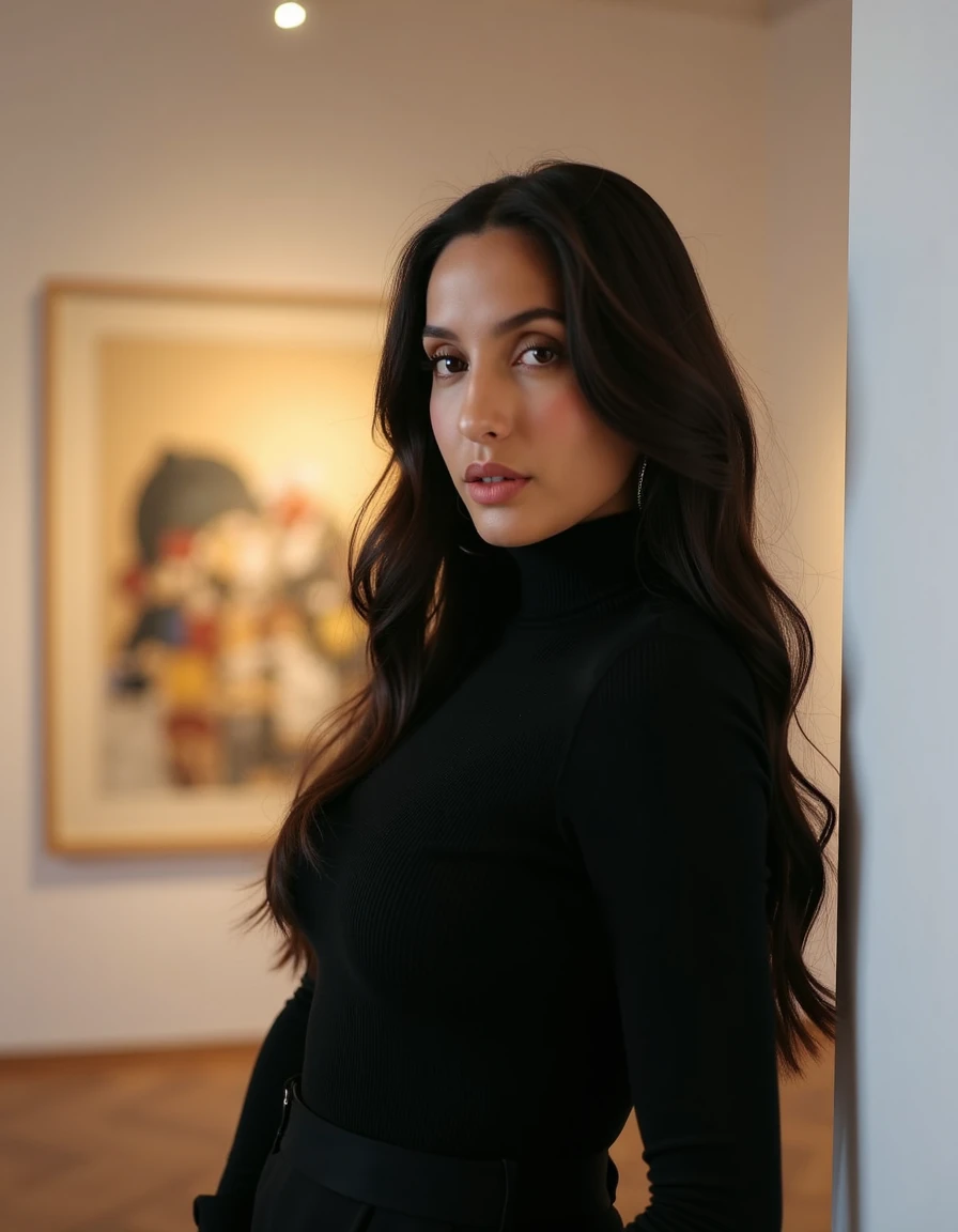 woman, norafatehi,Standing in a modern art museum wearing a black turtleneck, <lora:norafatehi:1>