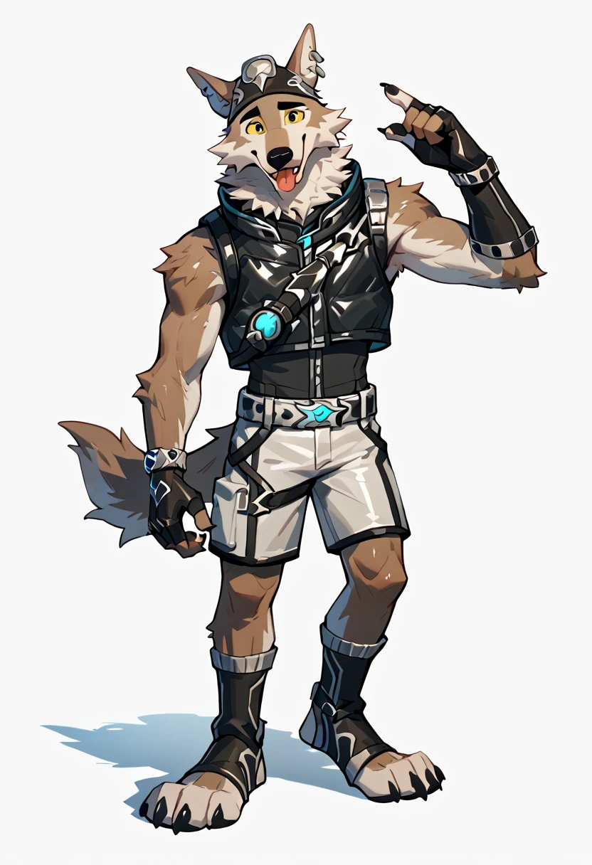 score_9, score_8_up, score_7_up, wendell, fortnite, wolf, fingerless gloves, gloves, solo, white background, furry, simple background, toeless legwear, looking at viewer, 1boy, jewelry, standing, earrings, shorts, male focus, belt, full body, black gloves, tail, tongue, furry male, yellow eyes, tongue out, hand up, grey fur, animal ears, piercing, colored sclera, <lora:Wendell_Fortnite:1>