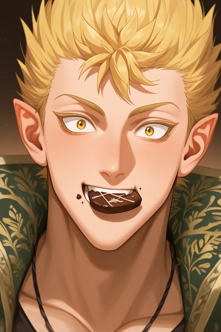 realistic shading, natural lighting, male focus, looking at viewer, expressive face, sabnockwdik, blonde_sabnockwdik_spiked hair, yellow_sabnockwdik_eyes, 1boy, food theme, chocolate mark on mouth, eating, surprised, wide-eyed, puffed cheeks, cute face, shiny skin, wealthy clothes, necklace, shirt, dutch angle, dynamic angle, intricately detailed illustration, depth of field, masterpiece, best quality, amazing quality, very aesthetic, absurdres, newest