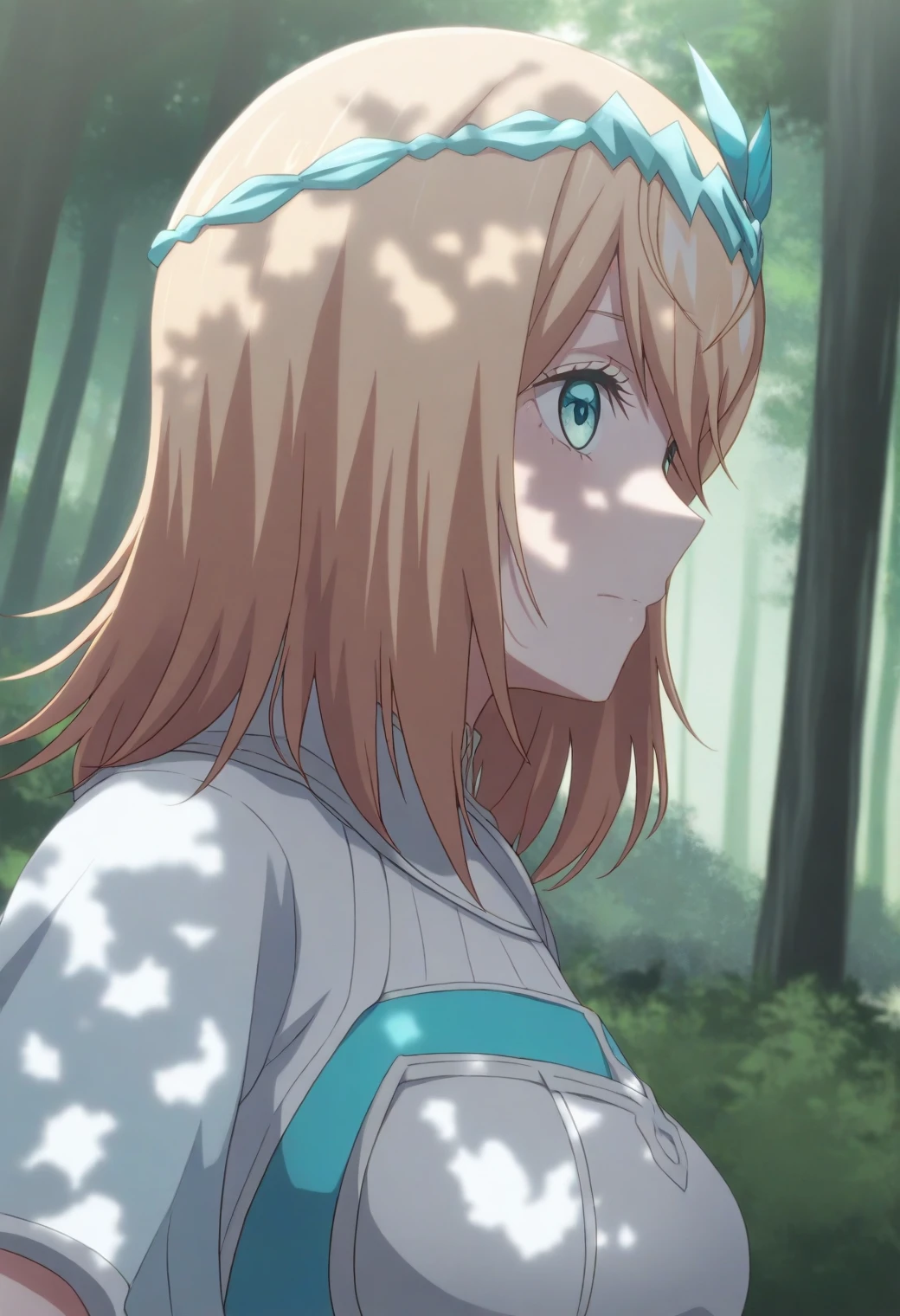 <lora:Olivia - [Otome Game Sekai wa Mob ni Kibishii Sekai desu] - illustriousXL v1:1>, sysdeep_olivia, blonde hair, medium hair, turquoise eyes, solo delicate headband, forest, walking through dappled light, serene expression, style parody