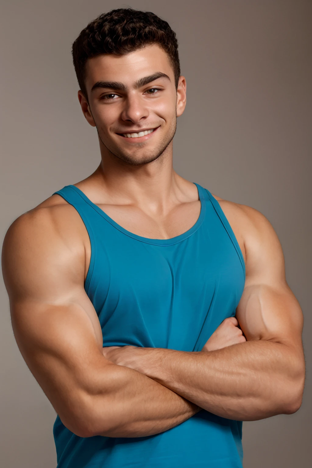 score_9, score_8, score_7, 1boy, (solo), Luigi Mangione, tank top, crossed arms, veiny arms, broad shoulders, realistic, looking at you, closed mouth, smiling, short hair, black hair,
realistic, photorealistic