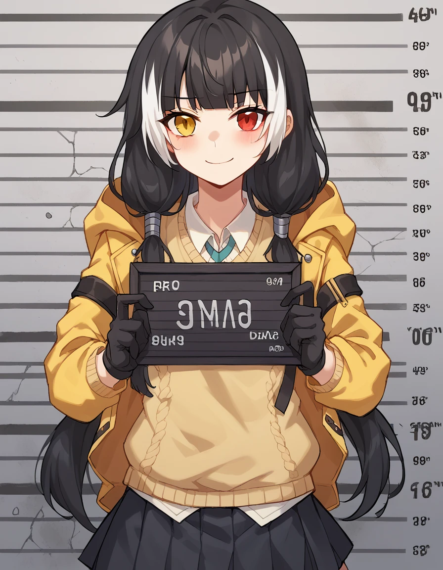 score_9, score_8_up, score_7_up, source_anime, <lora:girlsfrontline-ro635-ponyxl-lora-nochekaiser:1>, ro635, black hair, twintails, heterochromia, red eyes, yellow eyes, streaked hair, white hair, blunt bangs, low-tied twintails, long hair, multicolored hair,, shirt, white shirt, sweater vest, belt, black gloves, black skirt, hood, hood jacket, jacket, kneehighs, pleated skirt, over-kneehighs, skirt, thighhighs, yellow jacket,, dam, water, concrete, structure, height, smile, <lora:barbie-mugshot-ponyxl-lora-nochekaiser:1> barbie mugshot, barbie mugshot (meme) height mark, holding sign, nameplate, height chart, sign, meme, blush, cowboy shot, looking at viewer, solo,, dutch angle, cowboy shot