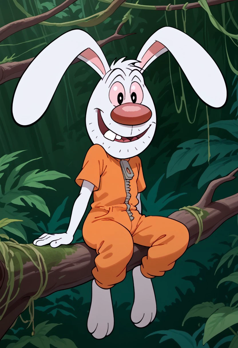 Score_9, score_9_up, solo, 1boy, furry, rabbit, animal, white fur, big nose, red nose, pink sclera, black eyes, buckteeth, uneven teeth, rabbit ears, floppy ears, aftershave, orange jumpsuit, three toes, sitting on a tree branch, jungle background