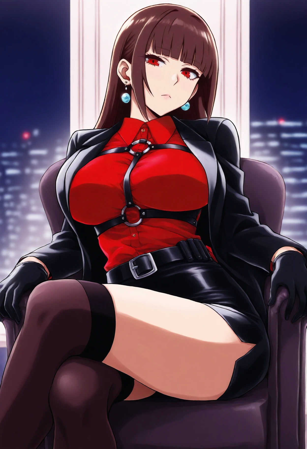 <lora:RadioheadIll_BM-000010:1>
(perfect quality, best quality, absolutely eye-catching, masterpiece, absurdres, newest), BREAK
1girl, solo, gloves, thighhighs, crossed legs, red eyes, black gloves, sitting, long hair, looking at viewer, breasts, jewelry, brown hair, shirt, skirt, earrings, black skirt, open clothes, black thighhighs, bangs, closed mouth, long sleeves, jacket, open jacket, miniskirt, night, chair, collared shirt, feet out of frame, belt, thighs, large breasts, harness, blurry, red shirt, chest harness, black jacket, o-ring, indoors, blunt bangs, expressionless, window