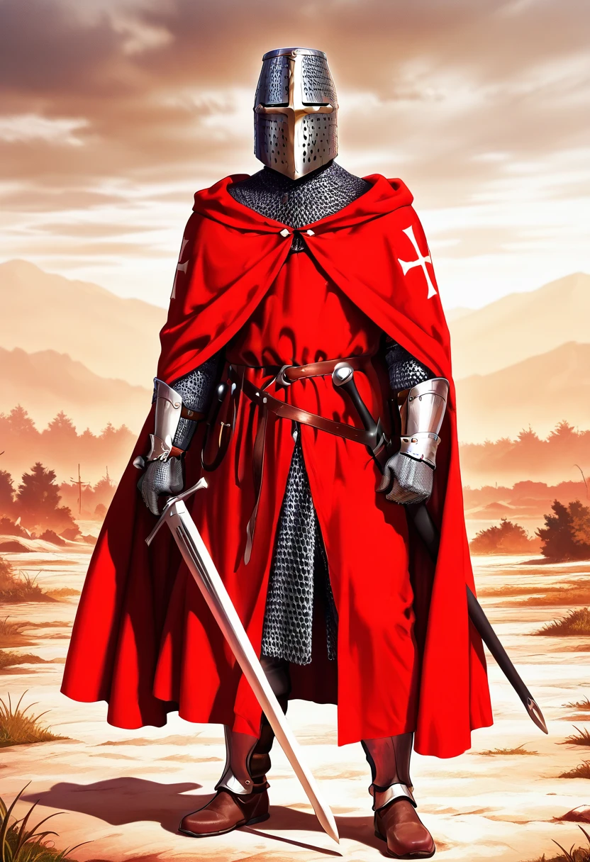 masterpiece, best quality, absurdres, detailed skin, detailed eyes, anime colored, anime screencap,
1 man, holding polearm, 
<lora:Great_Helm:0.8>, chainmail, greathelm, sword, sheathed, red cape, gauntlets,