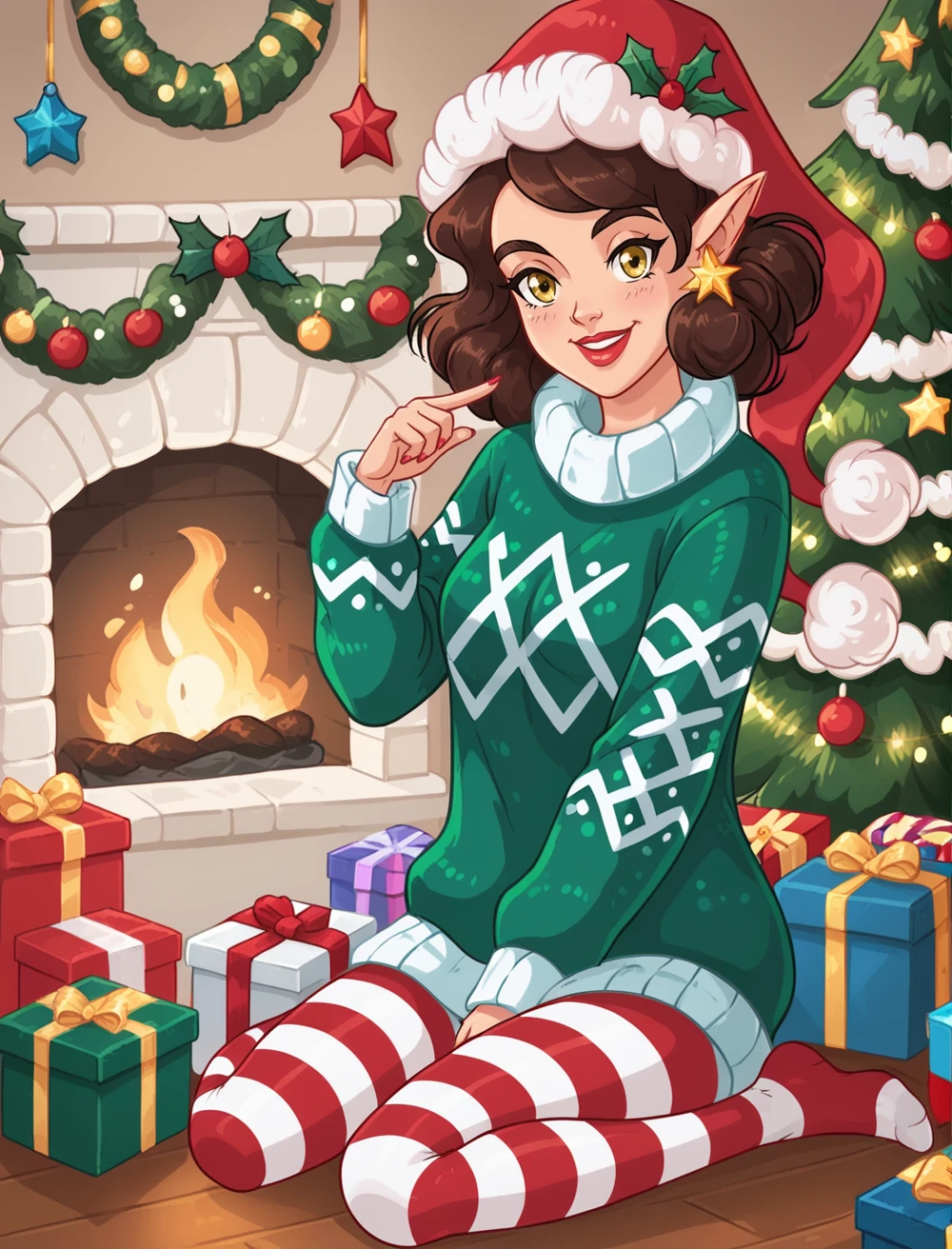 score_9, score_8_up, score_7_up, best quality, 2d, masterpiece, PenelopeTheElf, 1girl, solo, brown hair, yellow eyes, pointy ears, red lips, sweater, striped pantyhose, star earrings, santa hat, posing, sitting, smile, christmas decoration, indoors, christmas tree, cozy, dim lighting, looking at viewer, four fingers,<lora:PenelopeTheElf:0.85>