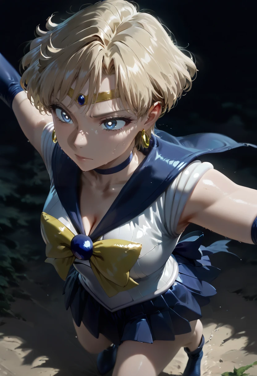 masterpiece, best quality, amazing quality, very aesthetic, absurdres, newest, scenery, 
1girl, solo, solo focus, <lora:A:1.0>  <lora:Haruka_Tenoh_ILXL:1.0> ten'ou haruka, very short hair, blonde hair, blue eyes, yellow earrings, crescent earrings, circlet, sailor senshi uniform, magical girl, blue choker, blue sailor collar, yellow bow, white gloves, elbow gloves, blue skirt, pleated skirt, blue back bow, blue boots, sexy, dynamic pose, dynamic angle, close up, from above, front view,
masterpiece, best quality, amazing quality, very aesthetic, absurdres, newest, scenery, volumetric lighting, uncensored,