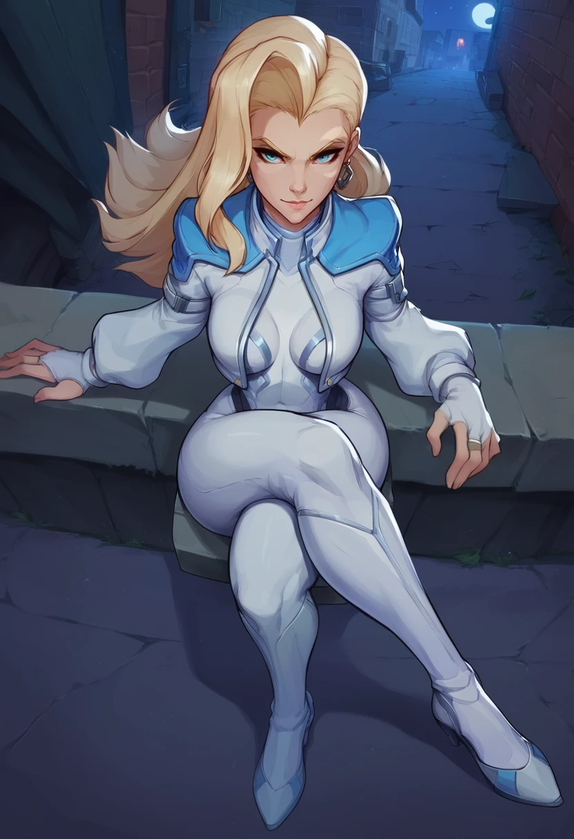 score_9, score_8_up, score_7_up, score_6_up, expressiveh, dagger_rivals, 1girl, solo, full body, blue eyes, blonde hair, long hair, eyeliner, moon mark, earrings, cropped jacket, open jacket, bodysuit, white bodysuit, white clothes, fingerless gloves, blue details, high heels, looking at viewer, detailed background, city, night, alleyway, urban, sitting, (crossed legs), sitting with legs crossed, outdoors, godrays, dynamic light, dramatic light, sitting on top of brick wall, half-closed eyes, smiling, seductive smile, from above <lora:cutesexyronutts_style_xl:0.9> <lora:Dagger_Marvel_Rivals_-_PonyXL:0.7>