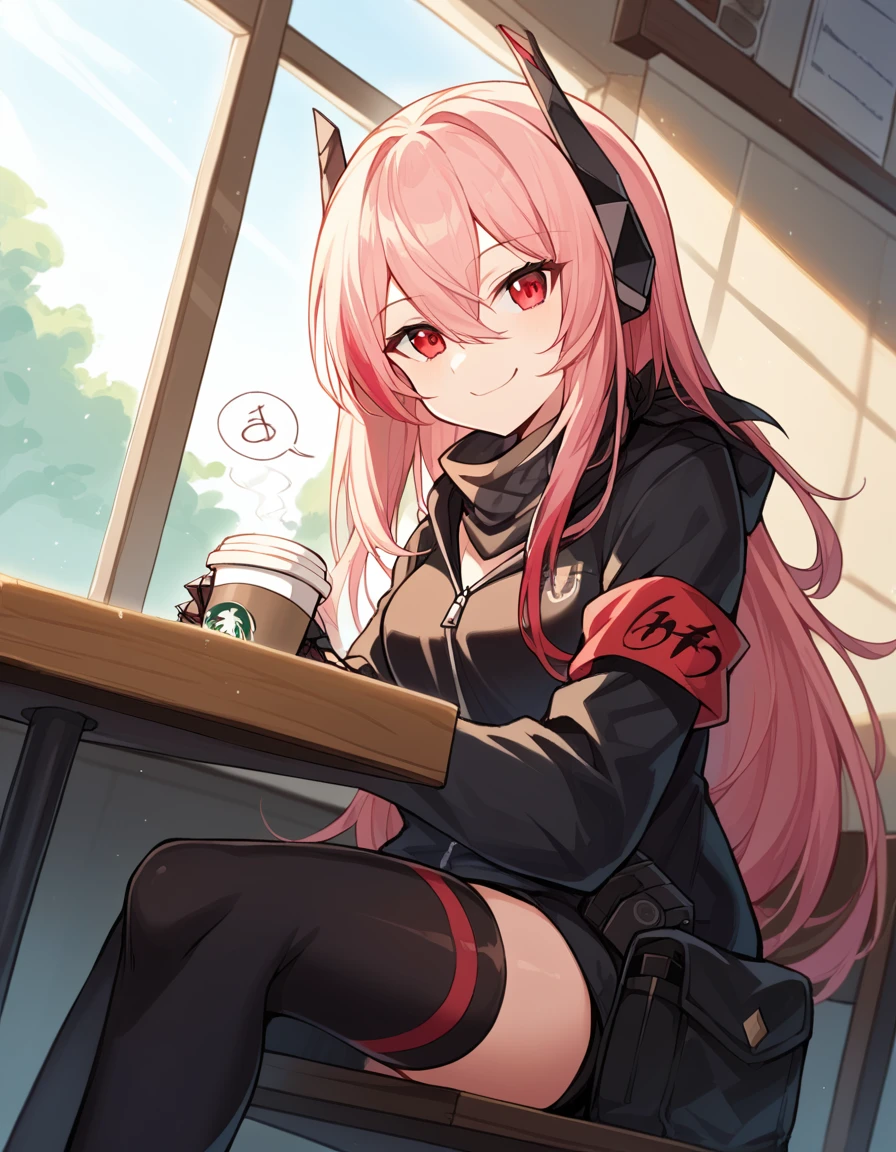 score_9, score_8_up, score_7_up, source_anime, <lora:girlsfrontline-m4-sopmod-ii-ponyxl-lora-nochekaiser:1>, m4 sopmod ii, hair between eyes, red eyes, pink hair, streaked hair, red hair, sidelocks, long hair, multicolored hair, two-tone hair,, armband, black gloves, black jacket, black scarf, black thighhighs, gloves, hair ornament, headgear, headphones, holster, hood, hooded jacket, jacket, mechanical hands, red armband, scarf, thighhighs, track jacket,, cafe, coffee cup, barista, sitting down, talking, relaxing, sunlight through window, smile, smug, looking at viewer, solo,, dutch angle, cowboy shot