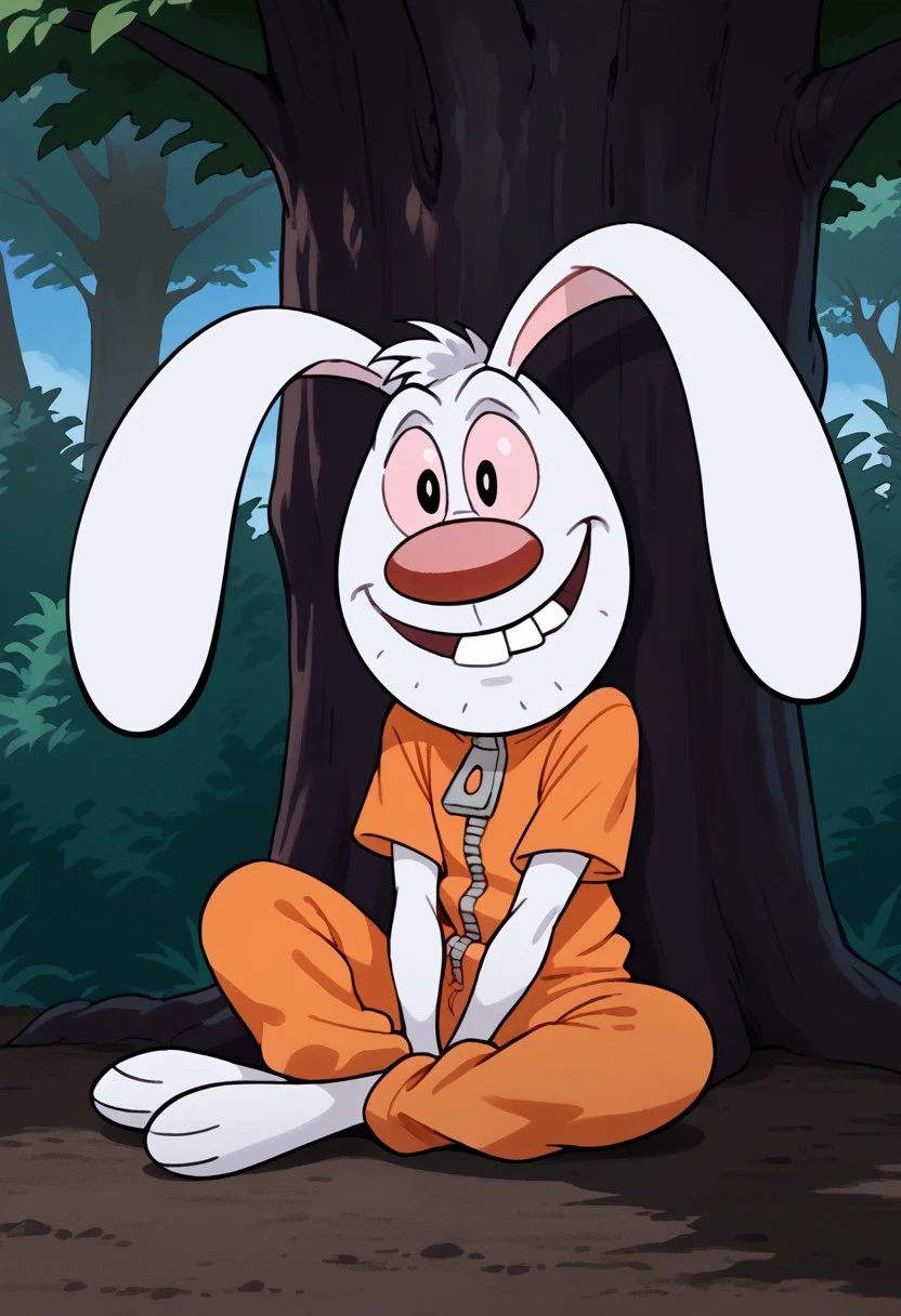 Score_9, score_9_up, solo, 1boy, furry, rabbit, animal, white fur, big nose, red nose, pink sclera, black eyes, buckteeth, uneven teeth, rabbit ears, floppy ears, aftershave, orange jumpsuit, three toes, sitting under a tree, legs crossing