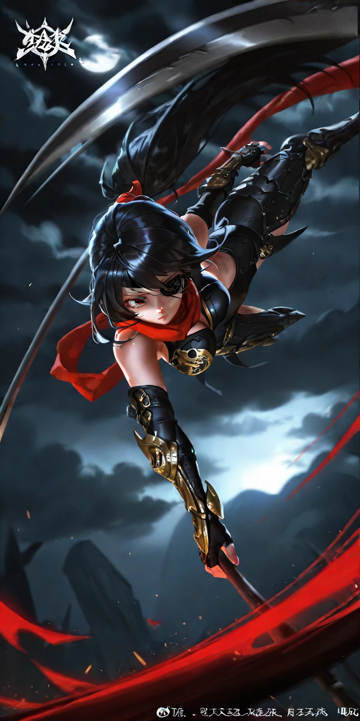 close-up, upper body,
1girl, eyepatch, very long hair, black hair, red eyes, holding scythe, holding weapon, weapon, black leotard, red scarf, elbow gloves, fingerless gloevs, armor, dark background, night, cloudy sky, dynamic pose, looking at viewer, digital painting, fantasy, signature, logo, copyright name
dot nose  <lora:digital_paint:1>