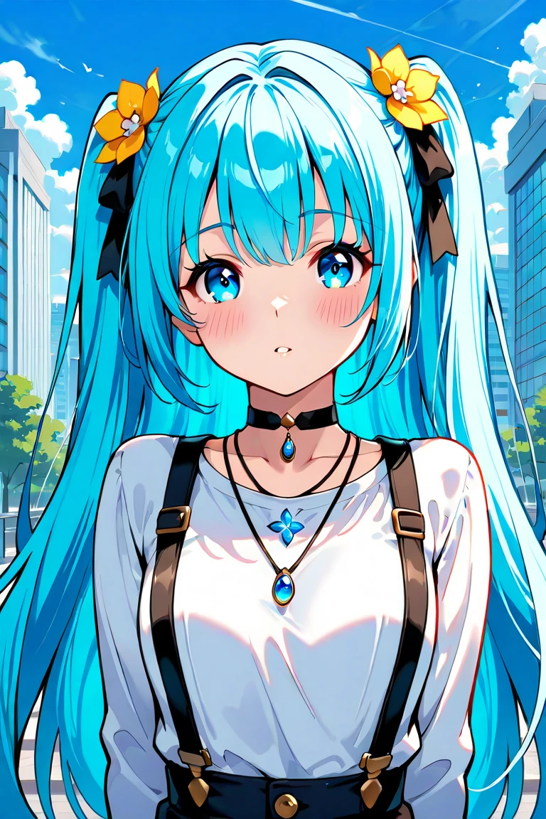 sarah, solo,  long hair,  looking at viewer,  blush,  open mouth,  bangs,  blue eyes,  shirt  hair, ornamen,  long sleeves, twintails,  jewelry,  very long hair,  blue hair, white shirt,  upper body,  flower,  outdoors,  sky, choker,  day,  cloud,  hair flower,  necklace,  two side up,  blue sky,  black choker,  suspenders,  building,  pendant, city, blue hair