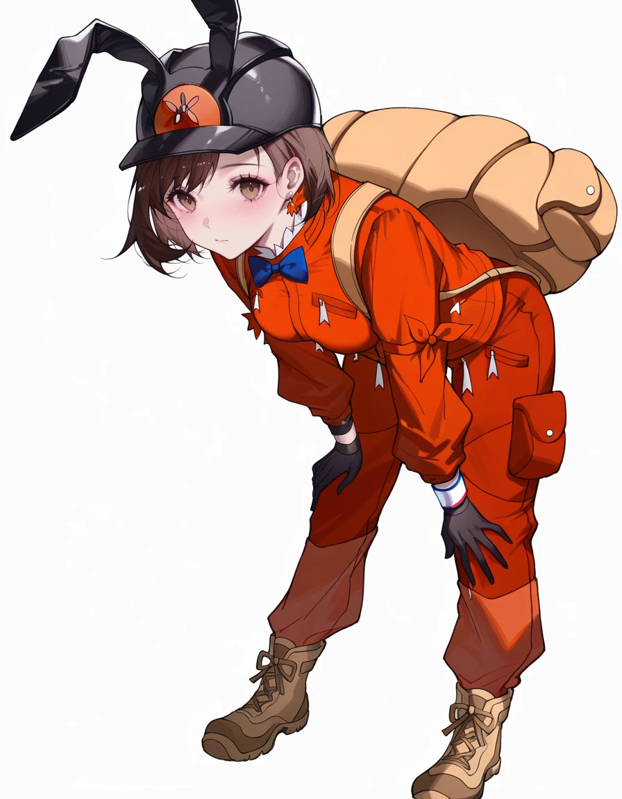 masterpiece, best_quality, absurdres,   <lora:gloria_pokemon_expedition_outfit_il:1> gloria_pokemon_expedition_outfit, brown_hair, short_hair, brown_eyes, helmet, orange_jacket, long_sleeves, black_gloves, dynamax_band, orange_pants, backpack, boots, brown_footwear, by_qiandaiyiyu, leaning_forward, animal_ears, eyelashes, solo, white_background, breasts, 1girl, bow, jewelry, closed_mouth, blue_bow, rabbit_ears, playboy_bunny, blue_bowtie, looking_at_viewer, fake_animal_ears, signature, blush, earrings, medium_breasts, simple_background, bowtie