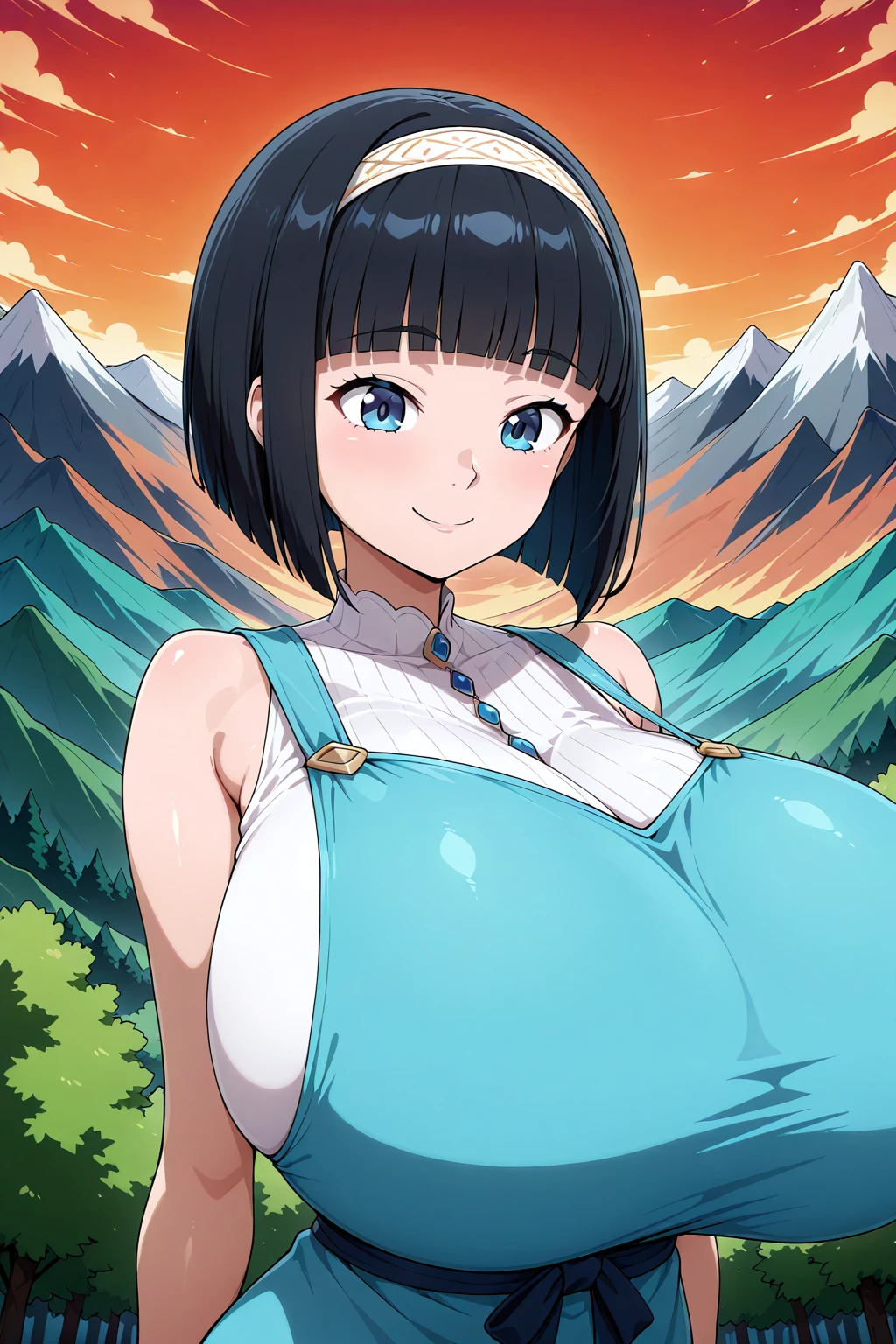 <lora:YDBunny Illustrious:0.6>, huge breasts, smile, hairband, black hair, blunt bangs, blue eyes, bob cut, outdoors, nature, mountain, sleeveless dress