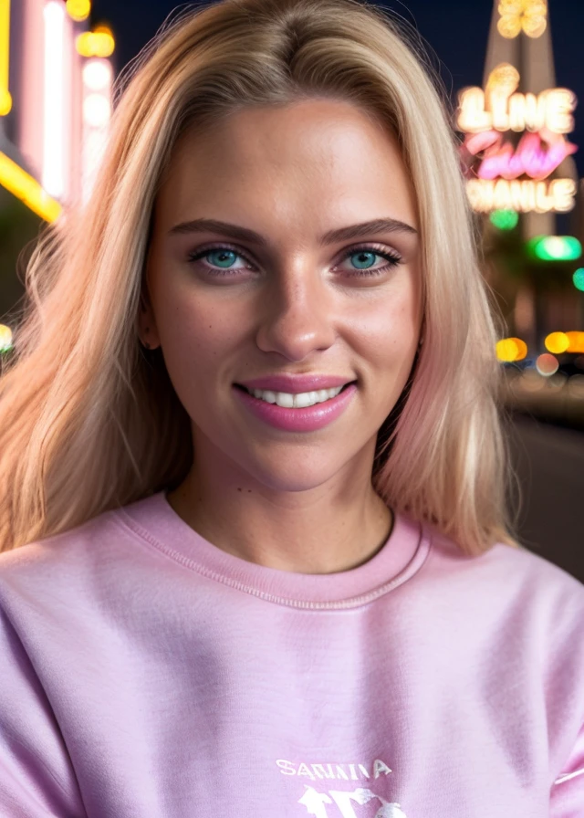 <lora:sc4rj0_SD15_SGX:1>,a selfie photograph,(medium close-up) of (beautiful 24 year old) (sc4rj0:1.2) woman with blond hair,as a tourist,wearing a (cerise pink sweatshirt:1.2) and (white cargo pants:1.1),driving a pink 1964 cadillac convertible along (Las Vegas Strip:1.1) at night with bright neon signs,(smile:1.1),lips, face focus,sharp focus,depth of field,facing viewer,photorealistic,rich details,clear shadows and highlights,realistic,intense,highly detailed,