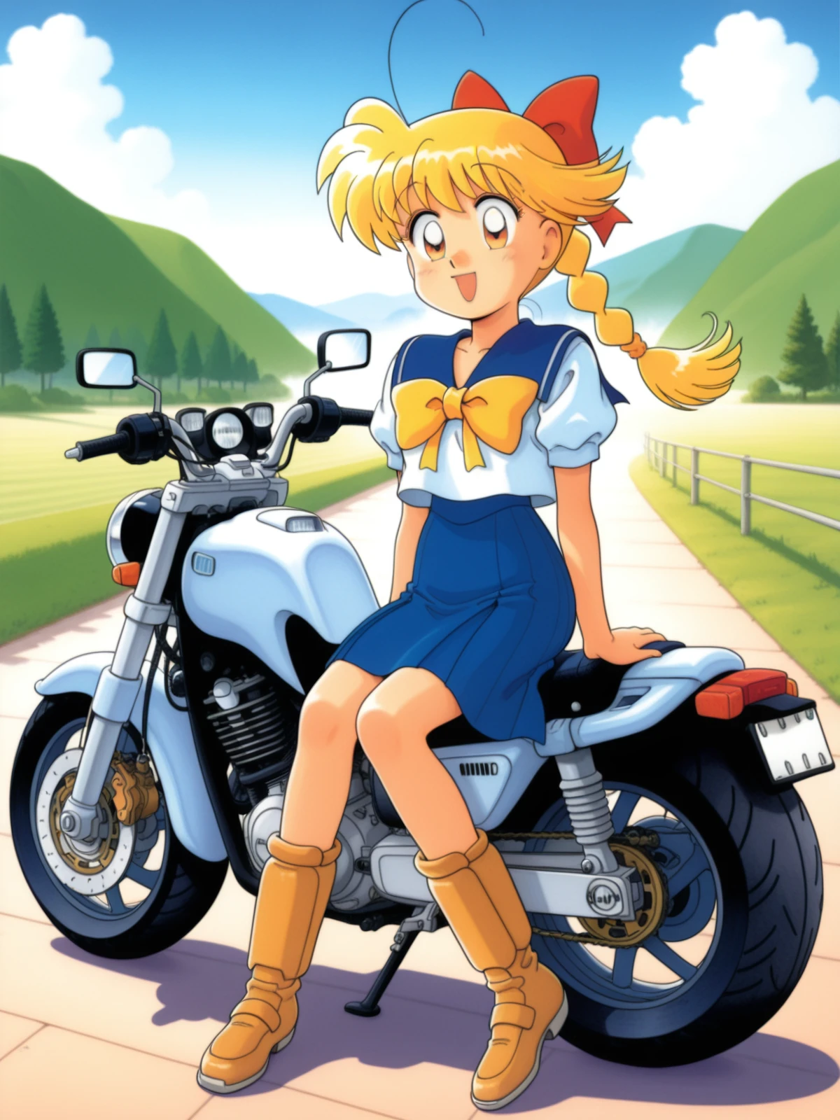 very awa, masterpiece, best quality, newest, highres, absurdres, traditional media, 1990s \(style\), retro artstyle, cute face, shiny hair, ultra detailed eyes, full body, kazagake shohjogumi!, solo, 1girl mizuki mai blonde hair with single braid sitting on (big motorcycle), datch angle, outdoors, beautiful detailed background,<lora:kazuka_tokio_bikids_kazagake_shohjogumi_illustriousXL_20241209:0.8>