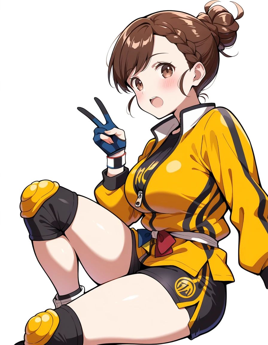 masterpiece, best_quality, absurdres,  <lora:gloria_pokemon_il:1> brown_hair, short_hair, brown_eyes, hair_bun, sash, yellow_jacket, black_shorts, zipper_pull_tab, dynamax_band, belt, knee_pads,  side_slit_shorts, white_footwear, partially_fingerless_gloves, by_jyuunen-kun, red_bow, summer_uniform, school_uniform, 1girl, simple_background, yellow_bowtie, breasts, bowtie, yellow_bow, blush, red_bowtie, bow, solo, v, braid, white_background, large_breasts, open_mouth, from_side, looking_at_viewer, braided_bangs