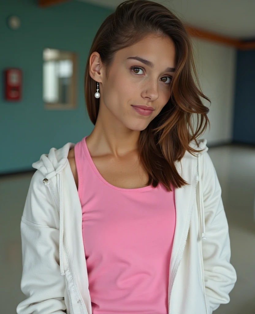 Medium shot of young girl kimpr wearing a short stylish open white hoodie with lpng drawstrings over a wide-neck pink tank top with her hair over one shoulder,   delicate features,  detailed background, cinematic shadows, solo focus,  blurry background, upper body