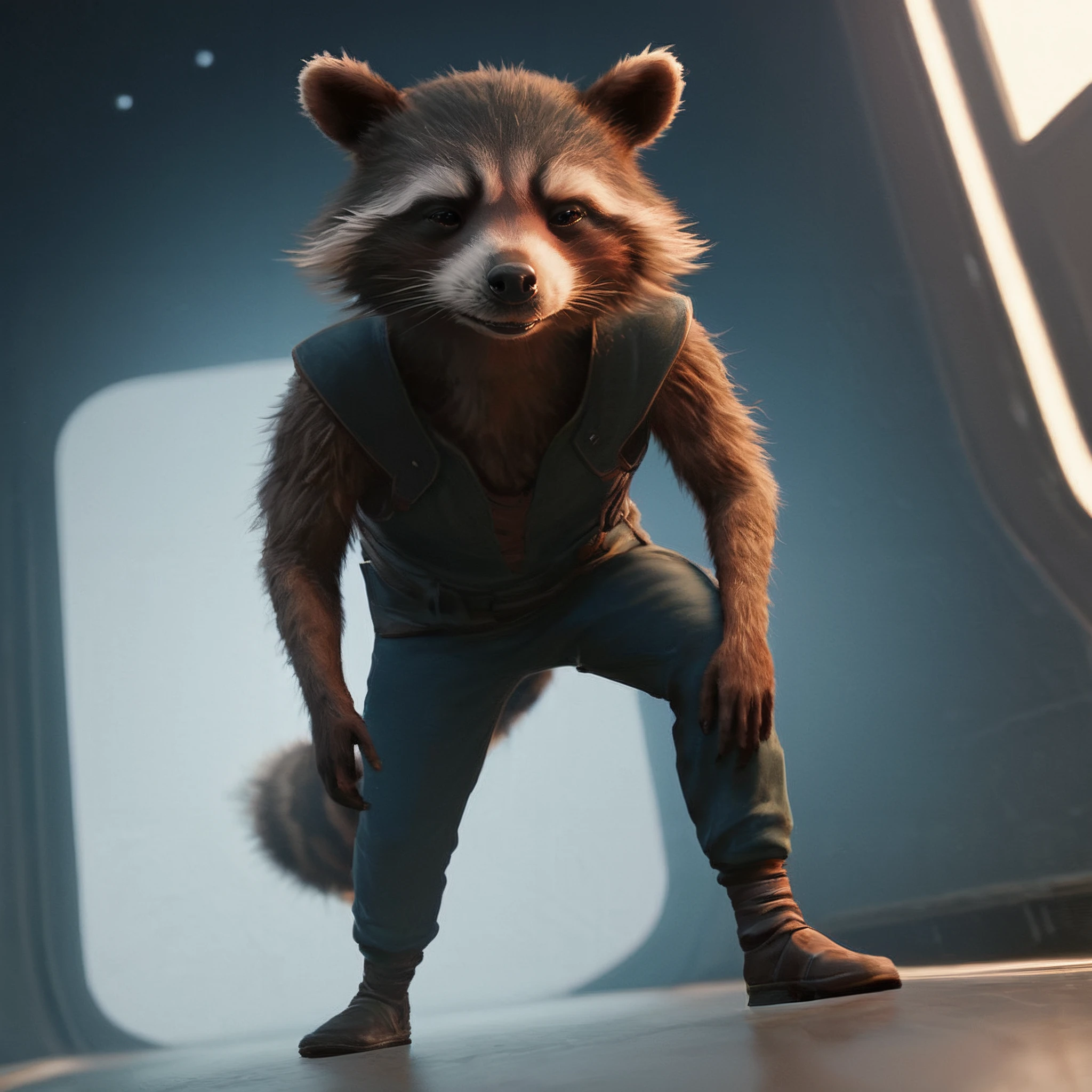 score_9, score_8_up, score_7_up, BREAK  <lora:rraccoon_ponyxl-000004:1> rraccoon2024, male, realistic, dark eyes, looking at viewer, dynamic pose, full body, spaceship interior, backlighting, <lora:add-detail-xl:1> <lora:xl_more_art-full_v1:1>