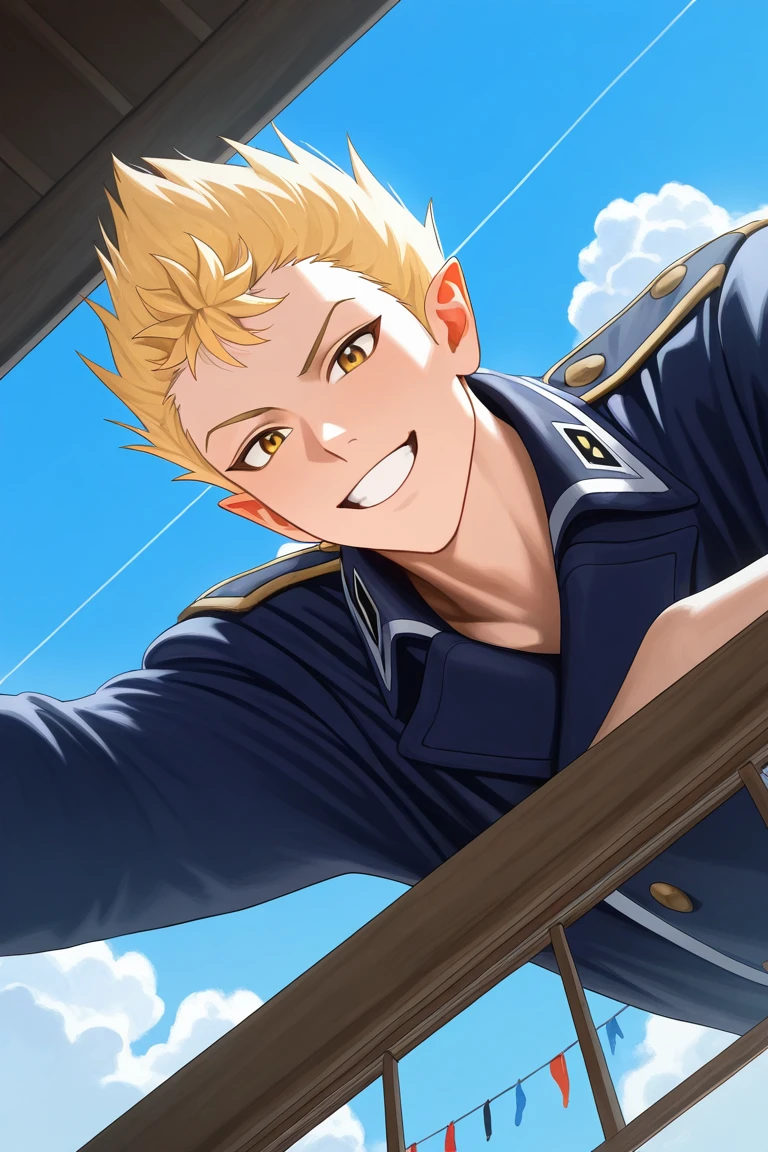 realistic shading, natural lighting, male focus, looking at viewer, expressive face, sabnockwdik, blonde_sabnockwdik_spiked hair, yellow_sabnockwdik_eyes, 1boy, happy, looking out a window, leaning forward on open window, arm on open window, sweet smile, shiny skin, military uniform, cosplay, wooden wall, outdoors-blue sky, from outside, cloud, clothes line, from below, dutch angle, dynamic angle, intricately detailed illustration, depth of field, masterpiece, best quality, amazing quality, very aesthetic, absurdres, newest