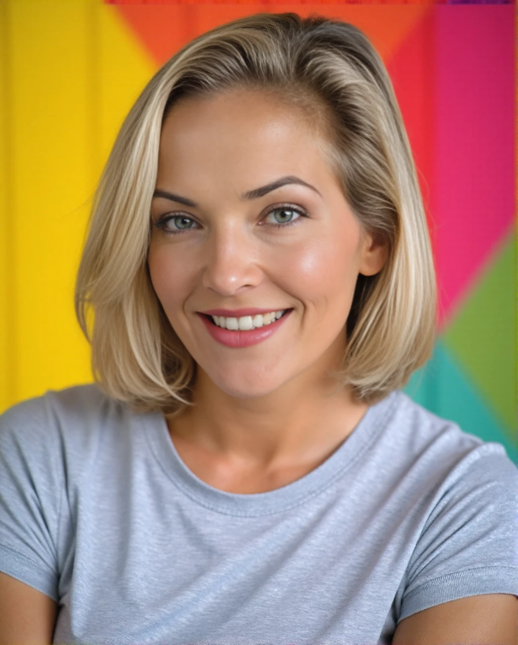 A professional close-up portrait photograph of a 30yo Caucasian woman Jisel wearing a tshirt, photographed against a brightly-coloured geometric background. Short blonde hair in a bob, detailed skin, bokeh, female focus, (SFW), smile <lora:Brandy_Ledford:1>