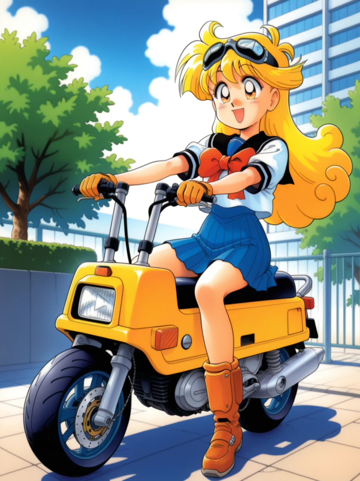 very awa, masterpiece, best quality, newest, highres, absurdres, traditional media, 1990s \(style\), retro artstyle, cute face, shiny hair, ultra detailed eyes, full body, bikid's!, solo,1girl kazane mai with blonde kinky long hair sitting on scooter motocompo with long handlebars, datch angle, outdoors, beautiful detailed background,<lora:kazuka_tokio_bikids_kazagake_shohjogumi_illustriousXL_20241209:0.8>