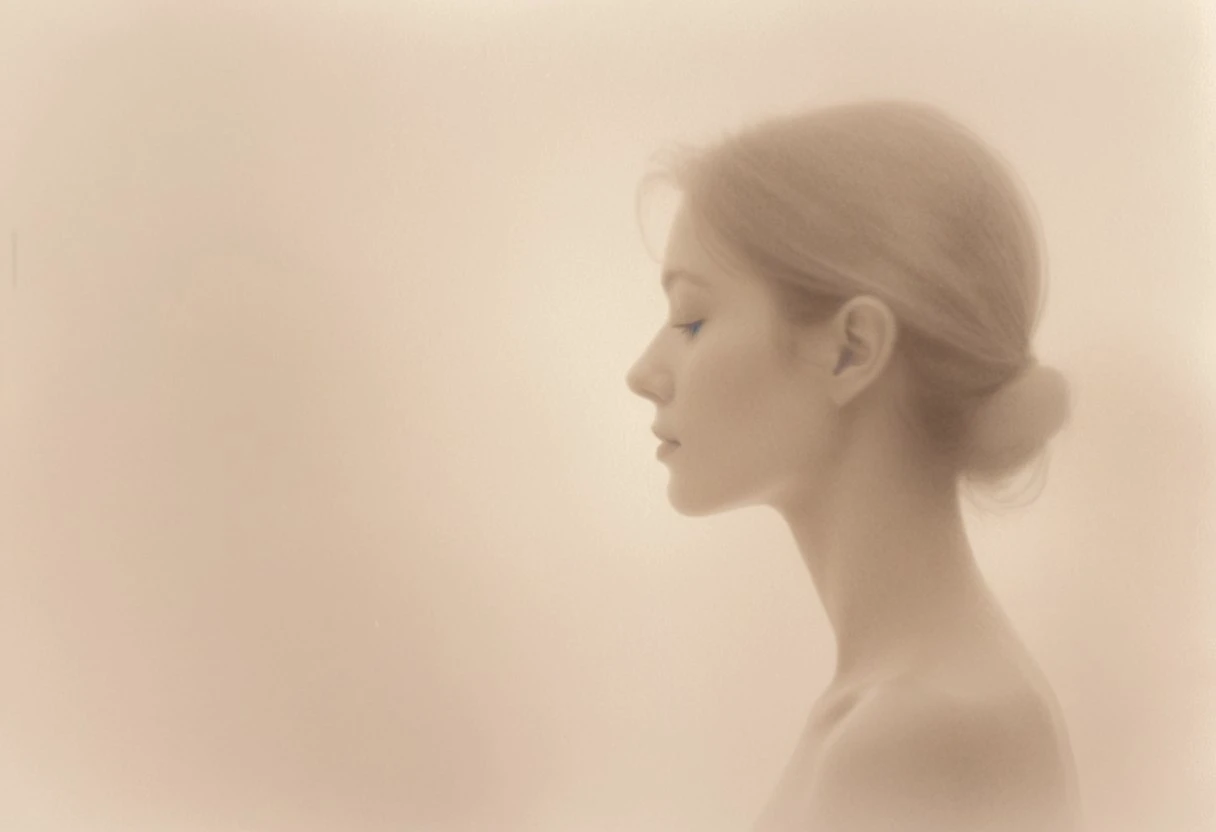 an aesthetic, minimalist depiction of a female profile in side view. The focus is on the soft contours and calm, monochromatic tones. The scene feels mystical and dreamy, almost as if viewed through a delicate mist, with gentle light accentuating the silhouette. The background is diffuse and creamy white, drawing attention to the elegant simplicity of the figure.