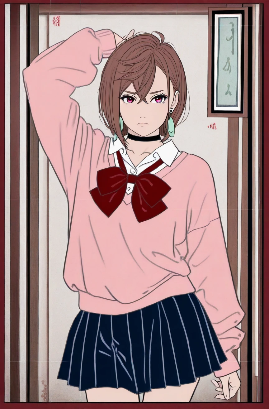 masterpiece, best quality,
<lora:Edo time period style [IL]:2.0> edo_style, fine art parody, style parody, ancient painting, 2D, signature, 
<lora:dandadan_ayase_illustriousXL:0.75> ayase momo, short hair, brown hair, red eyes || school uniform, pink sweater, long sleeves, white shirt, collared shirt, red bowtie, blue skirt, pleated skirt, miniskirt, earrings, black choker