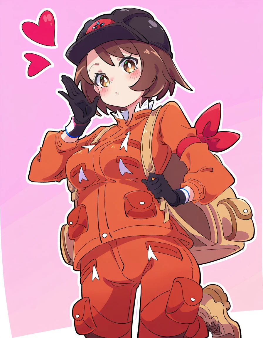 masterpiece, best_quality, absurdres,   <lora:gloria_pokemon_expedition_outfit_il:1> gloria_pokemon_expedition_outfit, brown_hair, short_hair, brown_eyes, helmet, orange_jacket, long_sleeves, black_gloves, dynamax_band, orange_pants, backpack, boots, brown_footwear, by_buzzlyears, pink_background, cowboy_shot, breasts, solo, large_breasts, 1girl, heart