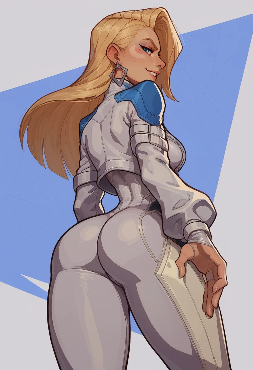 score_9, score_8_up, score_7_up, score_6_up, expressiveh, dagger_rivals, 1girl, solo, blue eyes, blonde hair, long hair, eyeliner, moon mark, earrings, cropped jacket, open jacket, bodysuit, white bodysuit, white clothes, fingerless gloves, blue details, looking at viewer, detailed background, geometric shapes, posing, dynamic angle, dynamic pose,  cowboy shot, from behind, back view, perfect ass, bubble butt, ass focus, from below, looking back, half-closed eyes, sexy, seductive, smile, teeth, posing, sexy pose, narrow waist, <lora:Expressive_H:0.3> <lora:AsuraLycoXL:0.45> <lora:incase-ilff-v3-4:0.65> <lora:Dagger_Marvel_Rivals_-_PonyXL:0.7>