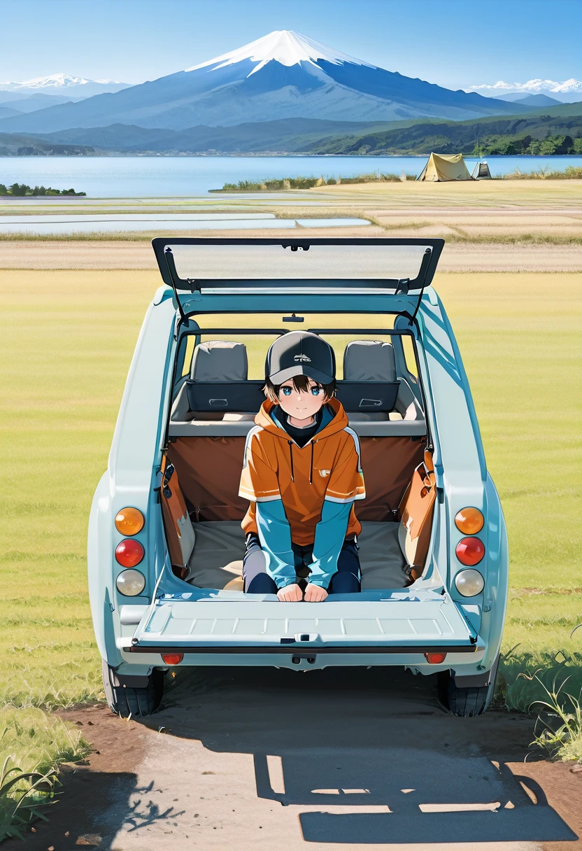 score_9,score_8_up,score_7_up,masterpiece,best quality,background mt.fuji,lakeside,lake,autum leaves,tent,open rear gate,open door,grass,dirt road,
1 boy,solo,cap,sit on rear gate,sitting on rear gate,facing at viewer(1.4),<lora:pao:1>,pao,