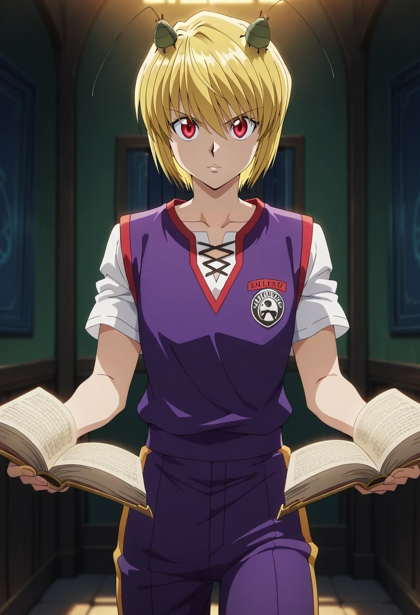 masterpiece, best quality, intricate details, anime screencap, anime coloring, , looking at viewer, , 1boy, solo, male focus, <lora:kurapika_hxh_ilxl:1>, kurapika_hxh, blonde hair, red eyes, short hair, bangs, hair between eyes, , magic academy, floating books, practice circles, arcane symbols, casting pose, concentrated expression, indoor lighting, Hiking pants, RoyalPurple Leopard print Broderie anglaise Henley thermal shirt, , Cricket hat,