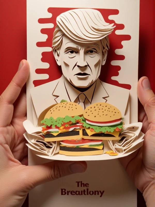 <lora:Kirigami_Style:0.9> kirigami style of donald trump holding a burger