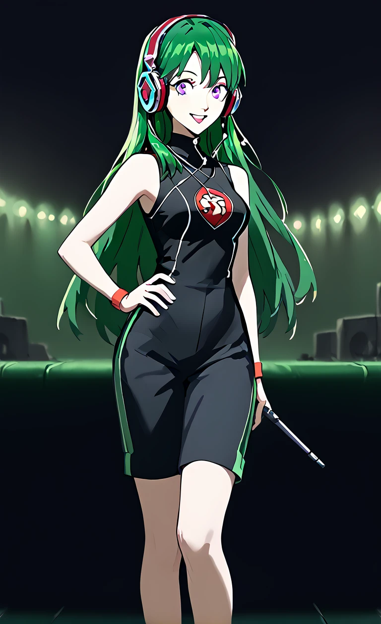 1girl, solo,
score_6, score_7, score_8, score_9, masterpiece, best quality, highly detailed, 
 <lora:Casi_Charu_Ape_Escape:0.75>, purple eyes, green hair, headphones, black romper,  ((exposed knees)), 
hand on hip, happy,