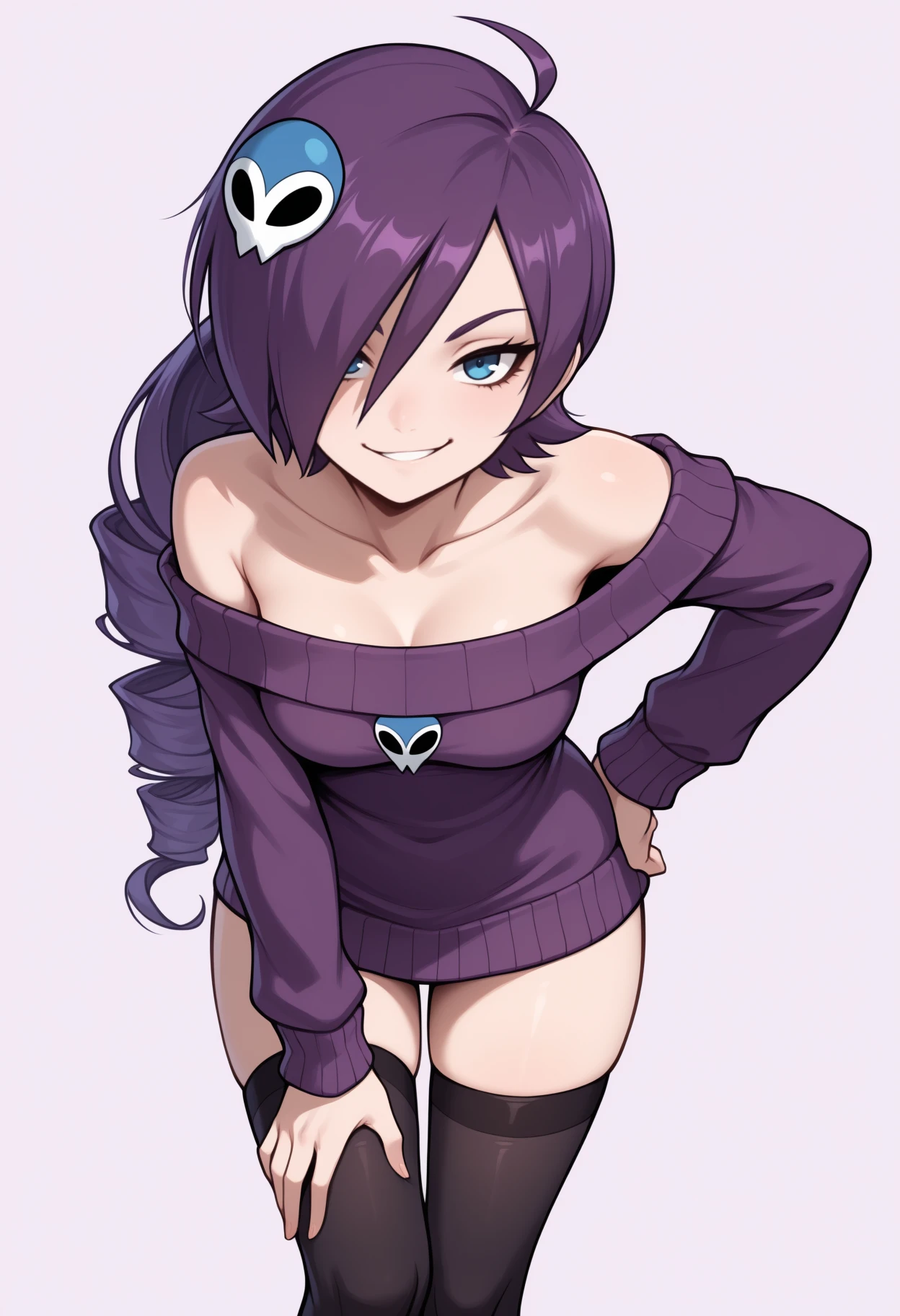 masterpiece, best quality, <break> solo, 1girl, zon3tan, smirk, looking at viewer, standing, leaning forward, hand on own hip, hand on own thigh, long hair, purple hair, hair over one eye, ahoge, drill hair, skull hair ornament, blue eyes, purple sweater, off-shoulder sweater, sweater dress, long sleeves, black thighhighs, bare shoulders, collarbone, medium breasts, simple background
<segment:yolo-Anzhc Face seg 640 v2 y8n.pt,0.4,0.5//cid=1>