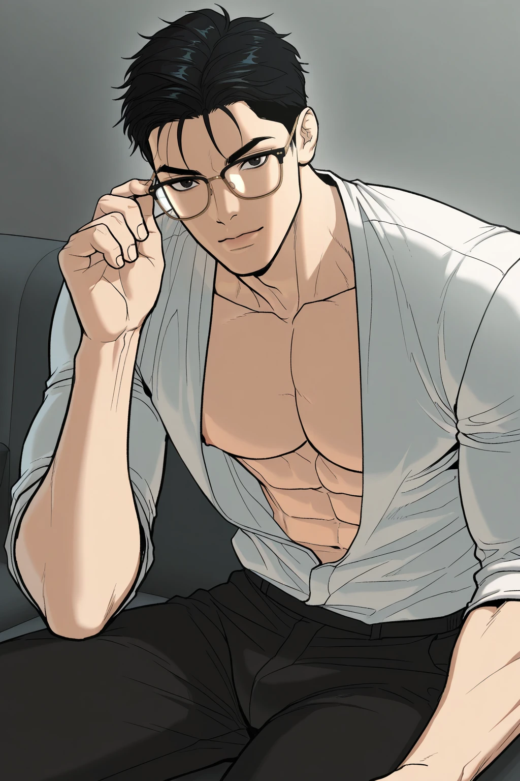 <lora:jaekyung-IL:0.8>,jaekyung,black hair,black eyes,white shirt,open clothes,looking at viewer,sitting,adjusting_eyewear,glasses,1boy,solo,yaoi,bara,male focus,masterpiece,best quality,amazing quality,nsfw,uncersored,highres,best quality,amazing quality,best aesthetic,absurdres,