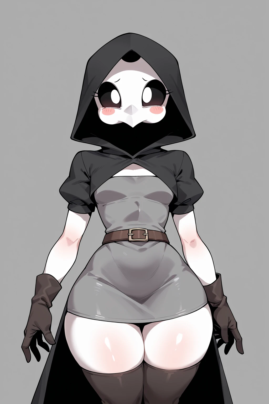 plague doctor, 1girl, solo, hood, mask, gloves, faceless, plague doctor mask, tabard, medieval, breasts, arms at sides, wide hips, exposed thigh, embarrassed, heavy blush, blushing, thick thighs, medium breasts, medieval tavern, wood mug, indoors, floorboards, wood railing, window, light rays, bloom, wood table, midriff, nun, bandages, night, cross necklace, tall leather boots, dark room, standing over viewer, kabedon, arms over viewer, arms on wall behind viewer, heart eyes, (spoken heart), heavy breathing,