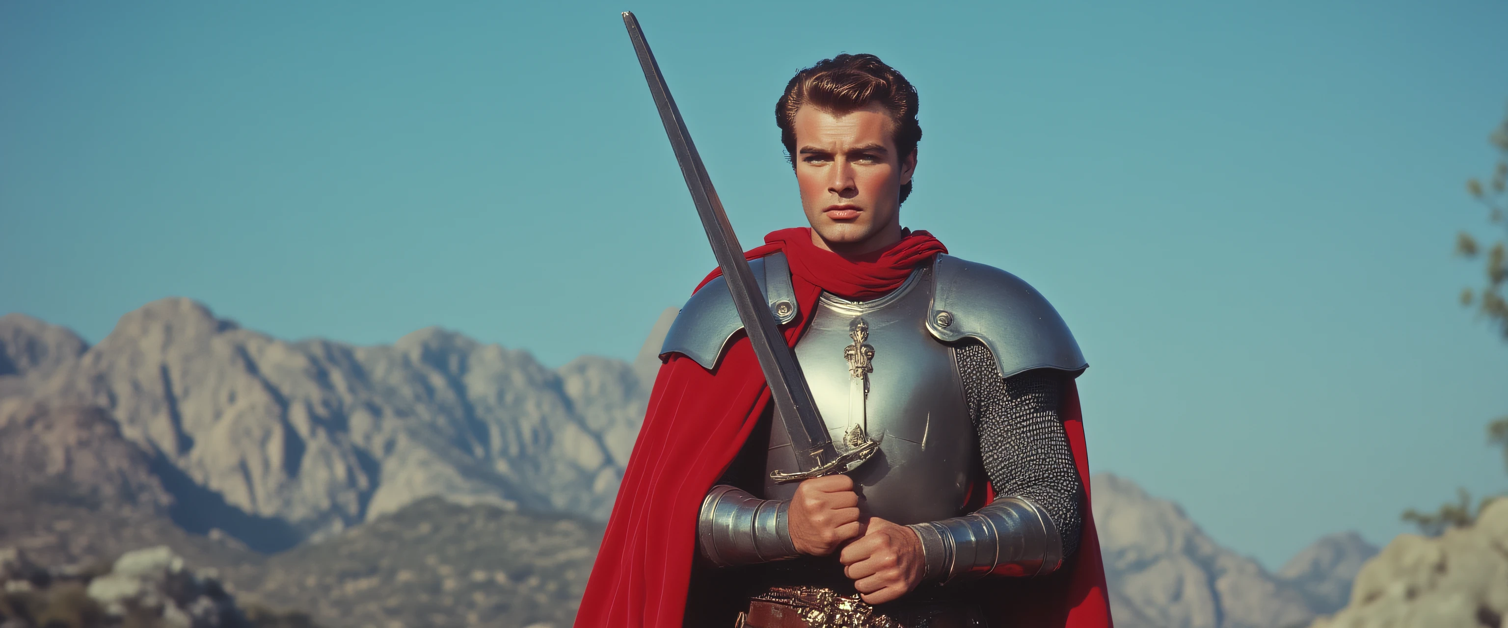 ArsMovieStill, Movie Still From Colored 1950s Super Panavision 70 Movie, The image shows a man in armor wearing a red cape and holding a sword standing in front of a backdrop of mountains and a clear blue sky., armor, weapon, 1boy, sword, male focus, solo, cape, holding, holding weapon, holding sword