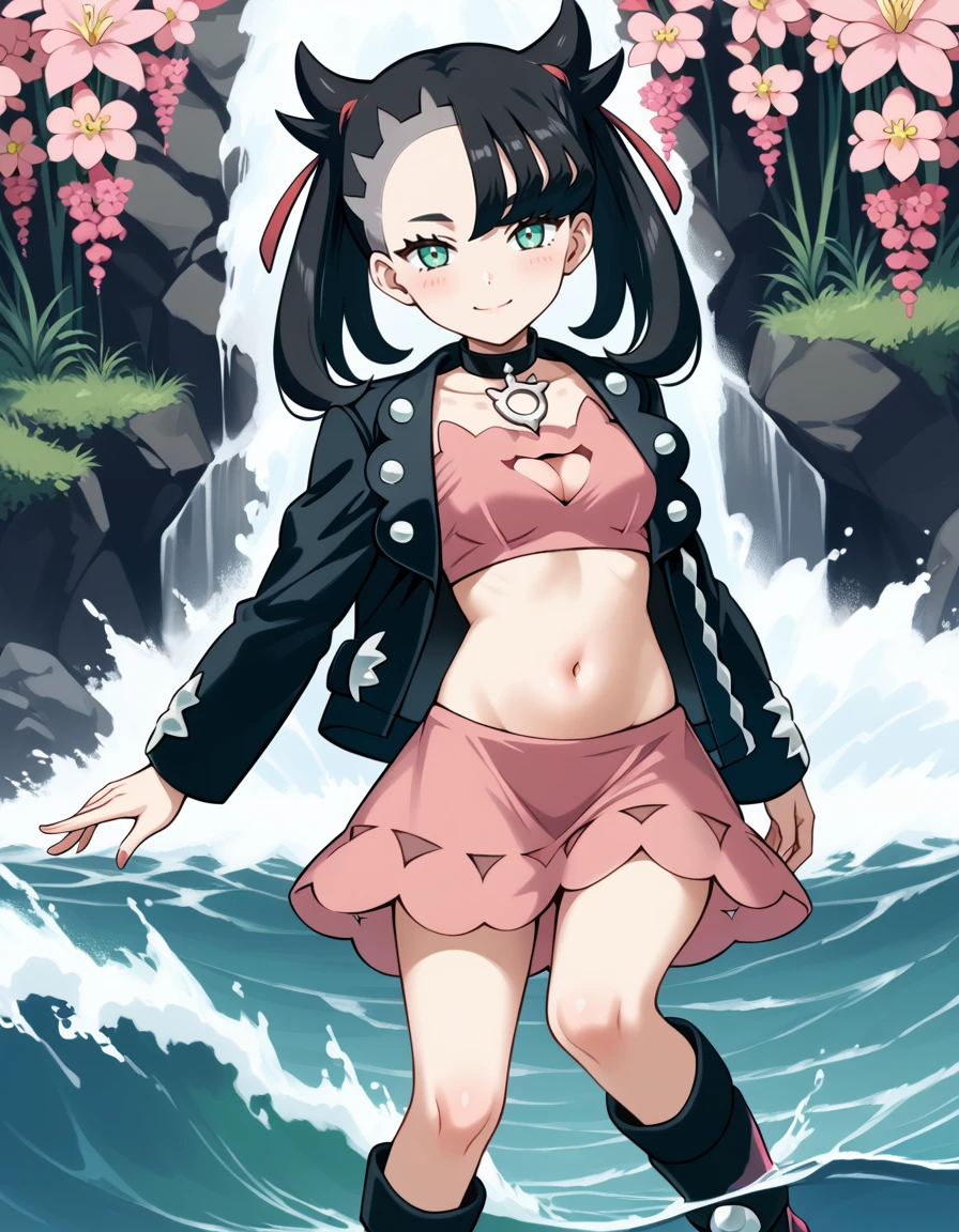 masterpiece, best_quality, absurdres, <lora:marnie_pokemon:1>  marnie_pokemon, black_hair, twintails, green_eyes, red_ribbon, black_choker, black_jacket, long_sleeves, pink_dress,black_footwear, knee_boots, by_darah, black_flower, camellia, flower, smile, closed_mouth, solo, small_breasts, navel, clothing_cutout, breasts, looking_at_viewer, collarbone, tacet_mark_wuthering_waves, stomach_cutout, flower_on_chest, white_collar, 1girl, collar