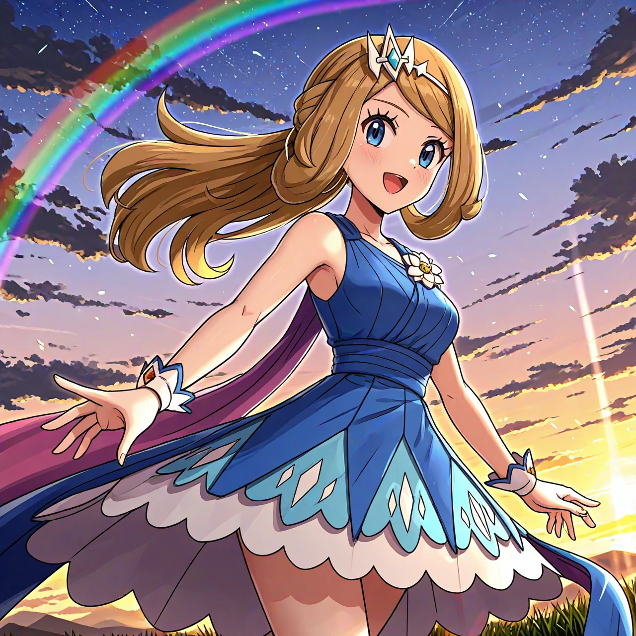 gonzarez, (1girl), solo, standing, rainbow, clouds, colorful,
cowboy_shot, character age 20, mature_female, arms_at_sides,
long hair, looking at viewer, blush, smile, open mouth, bangs, blue eyes, blonde hair, brown hair, dress, bare shoulders, collarbone, ponytail, flower, official alternate costume, wrist cuffs, eyelashes, hair ornament,tiara, blue_dress serena \(pokemon\),masterpiece,amazing quality,very aesthetic,high resolution,ultra-detailed,absurdres,newest,ncserena