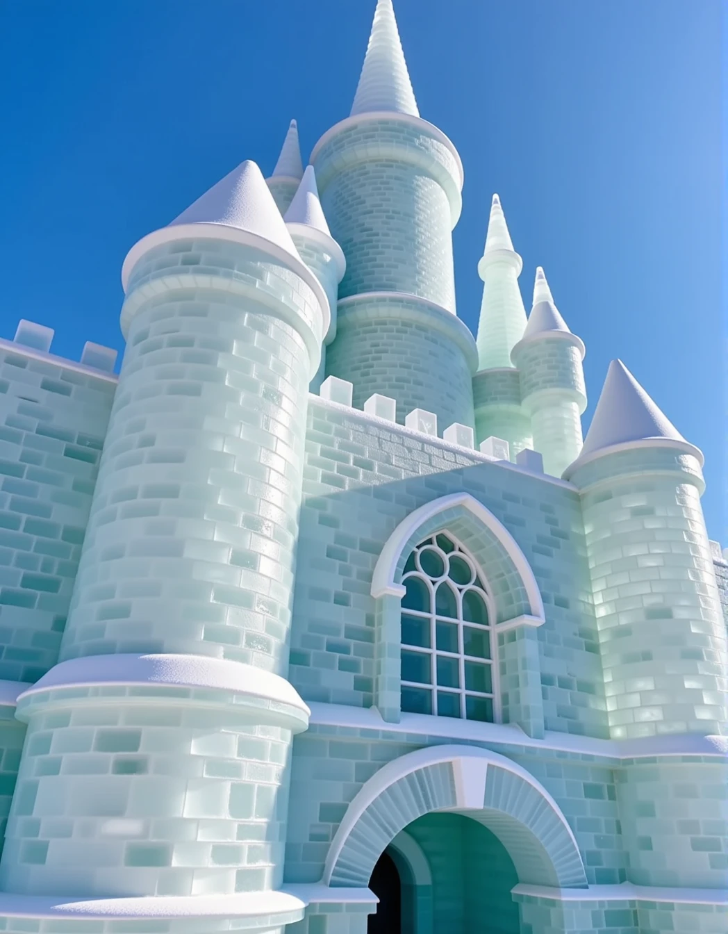 Ice sculpture castle,clear day,blue sky,close upï¼Looking upï¼real <lora:ice-000019:1>