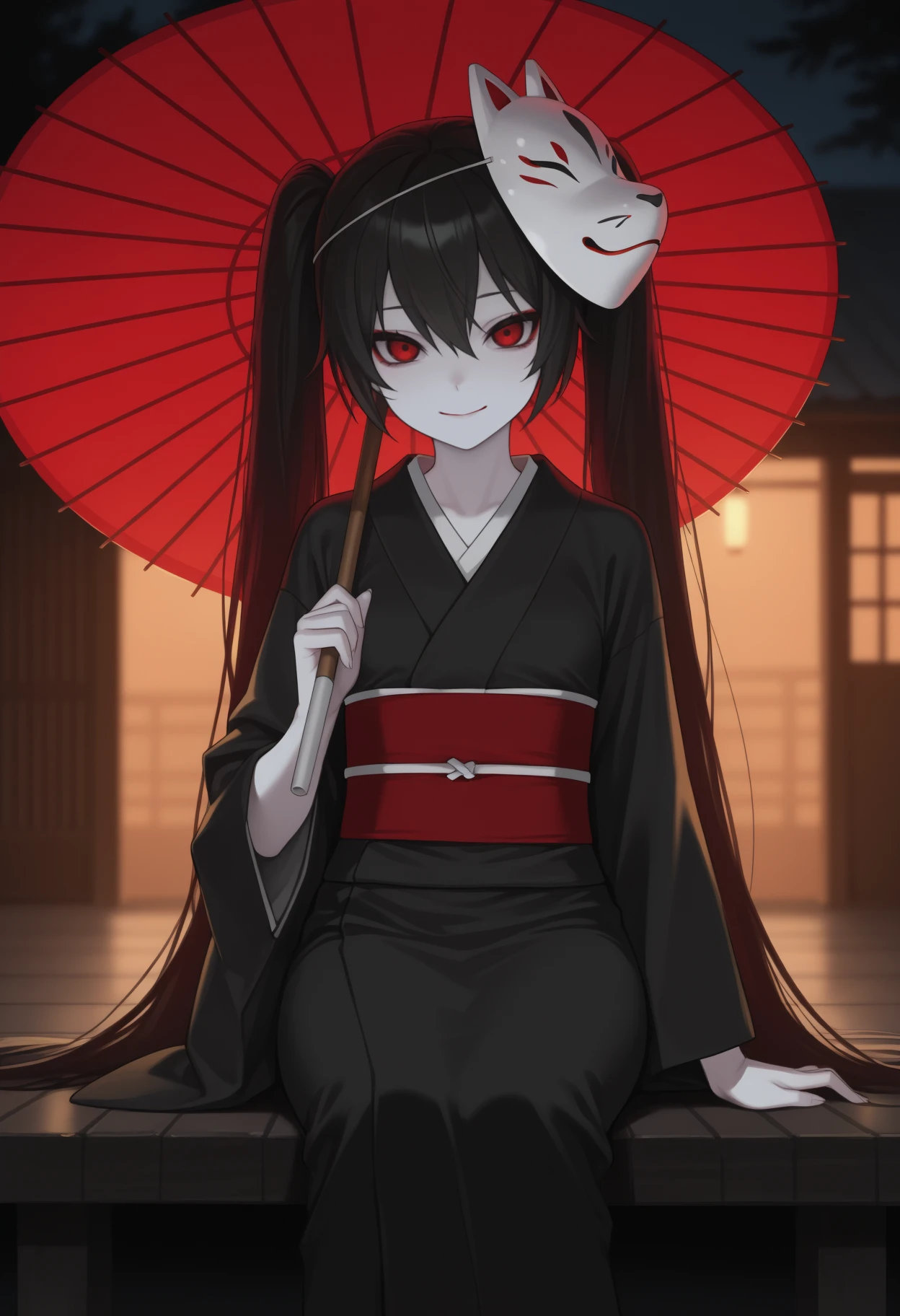 masterpiece, best quality, <break> solo, 1girl, rsutmkrmiku, pale skin, smile, looking at viewer, sitting, holding umbrella, oil-paper umbrella, long hair, black hair, twintails, fox mask, mask on head, red eyes, tsurime, japanese clothes, yukata, black kimono, right-over-left kimono, red sash, obi, outdoors, horror \(theme\), night, east asian architecture, dark background
<segment:yolo-Anzhc Face seg 640 v2 y8n.pt,0.4,0.5//cid=1>