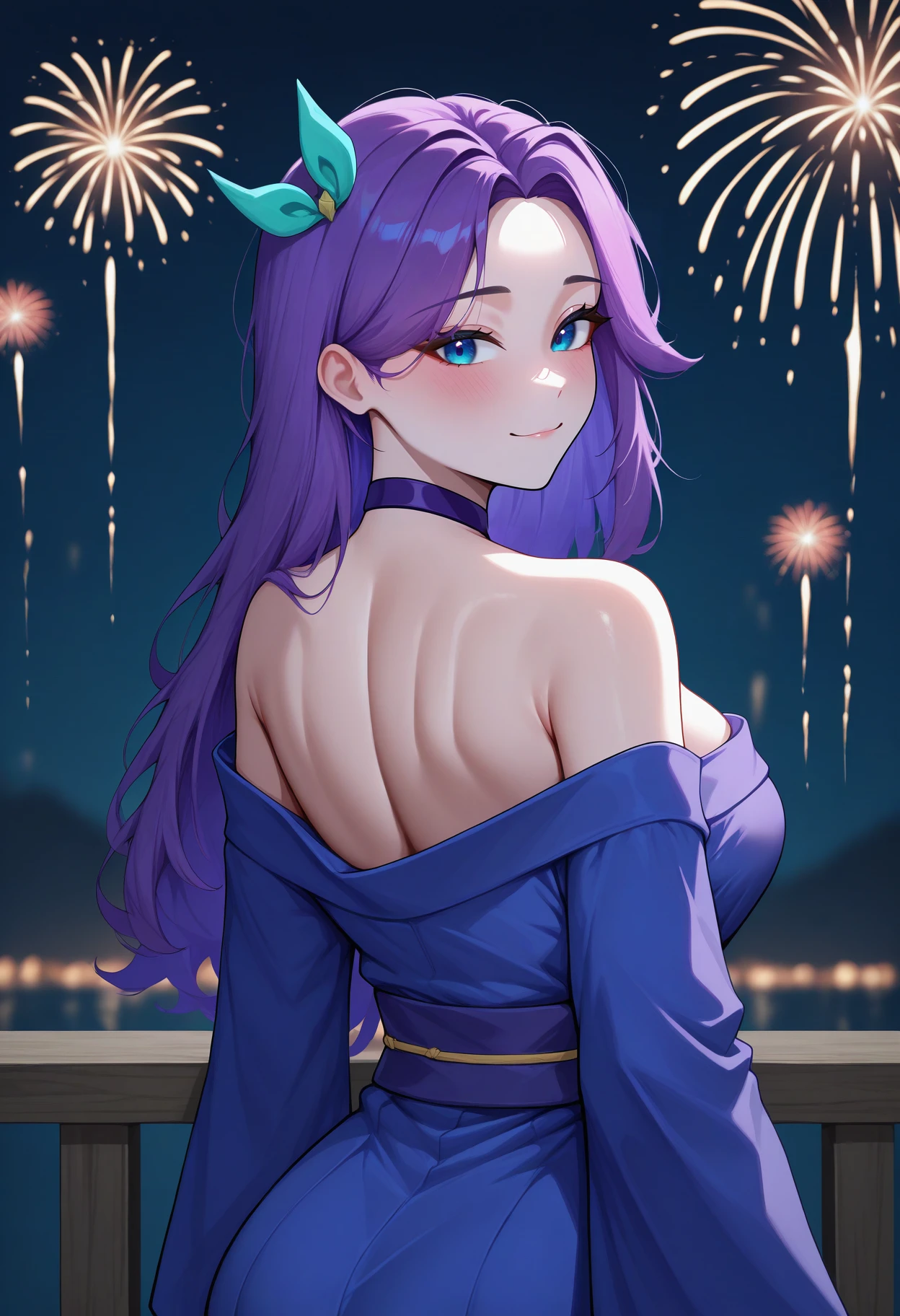 masterpiece, best quality, newest, absurdres, highres, 1girl, solo, <lora:NSAbigailStardew:1> NSAbigailMisc, blue eyes, purple hair, long hair, parted bangs, hair bow, green bow, purple choker, looking back, from behind, off-shoulder kimono, light smile, sad smile, blush, bare shoulders, rimlight, night, japanese clothes, fireworks, depth of field, arms at sides,