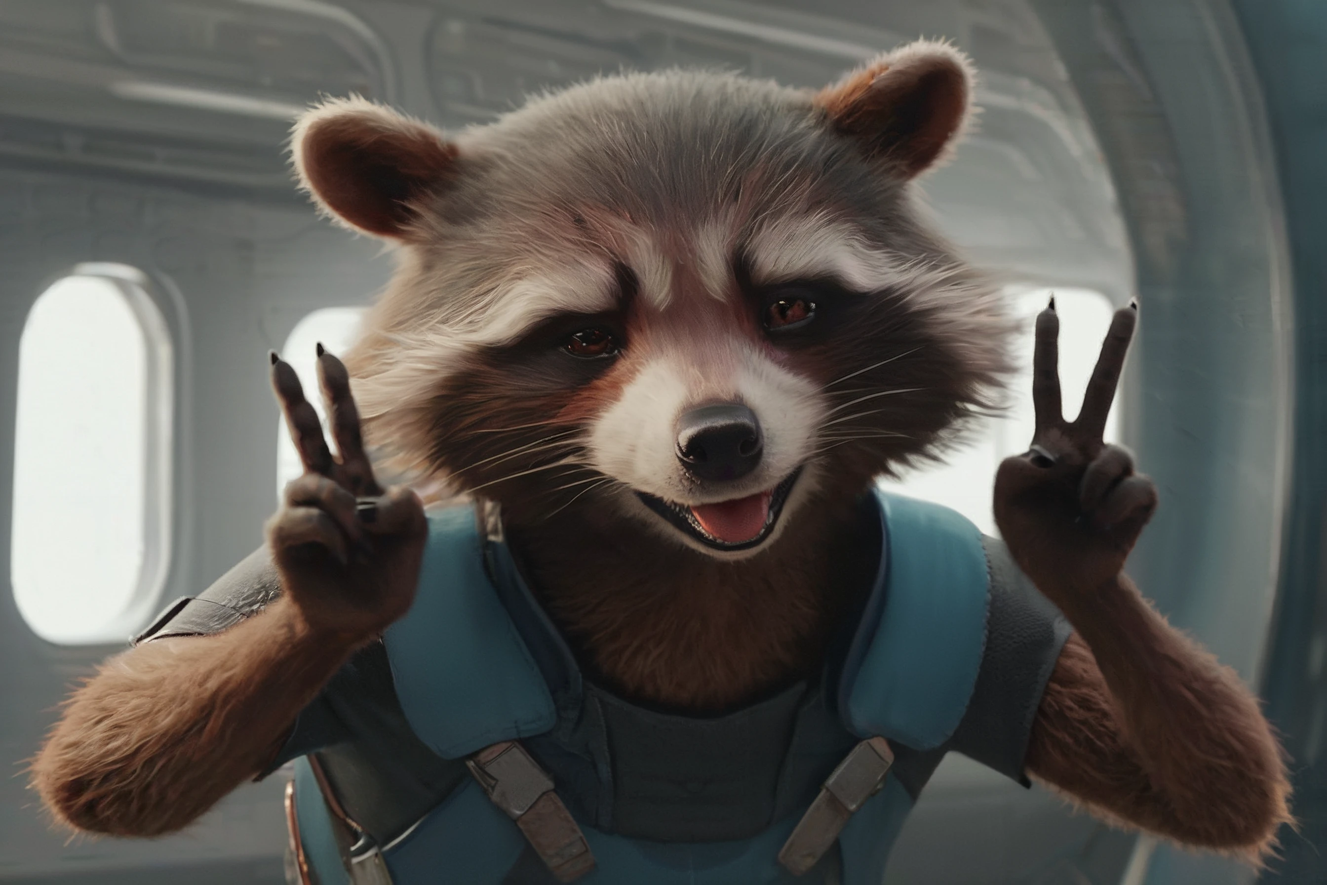 score_9, score_8_up, score_7_up, BREAK  <lora:rraccoon_ponyxl-000004:1> rraccoon2024, male, realistic, dark eyes, looking at viewer, cute pose, peace sign, tongue out, spaceship interior, backlighting, <lora:add-detail-xl:1> <lora:xl_more_art-full_v1:1>