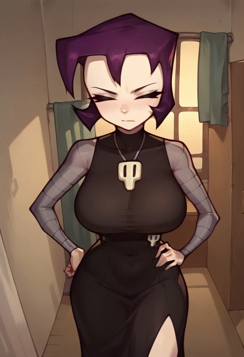 Score_9_up, score_8_up, score_7_up, BREAK, Expressiveh, dynamic angle, high quality, 1girl, gazinvz, solo, purple hair, bob cut, pale skin, closed eyes, black dress, skull necklace, long grey sleeves, big breasts, hand on hip, facing viewer, bedroom, detailed room, window, curtain, dark lighting