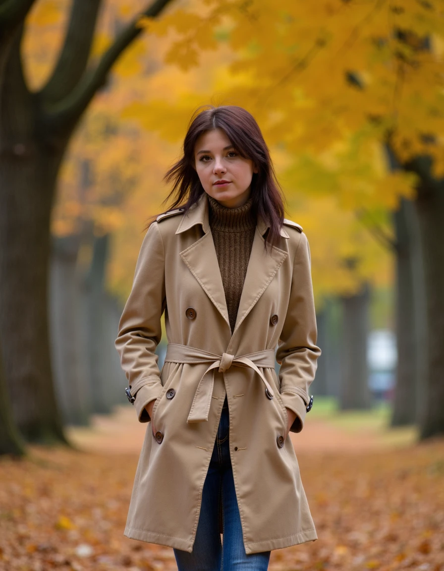 woman, mcvalensia, Walking through a park in autumn wearing a beige trench coat, <lora:mcvalensia:1>